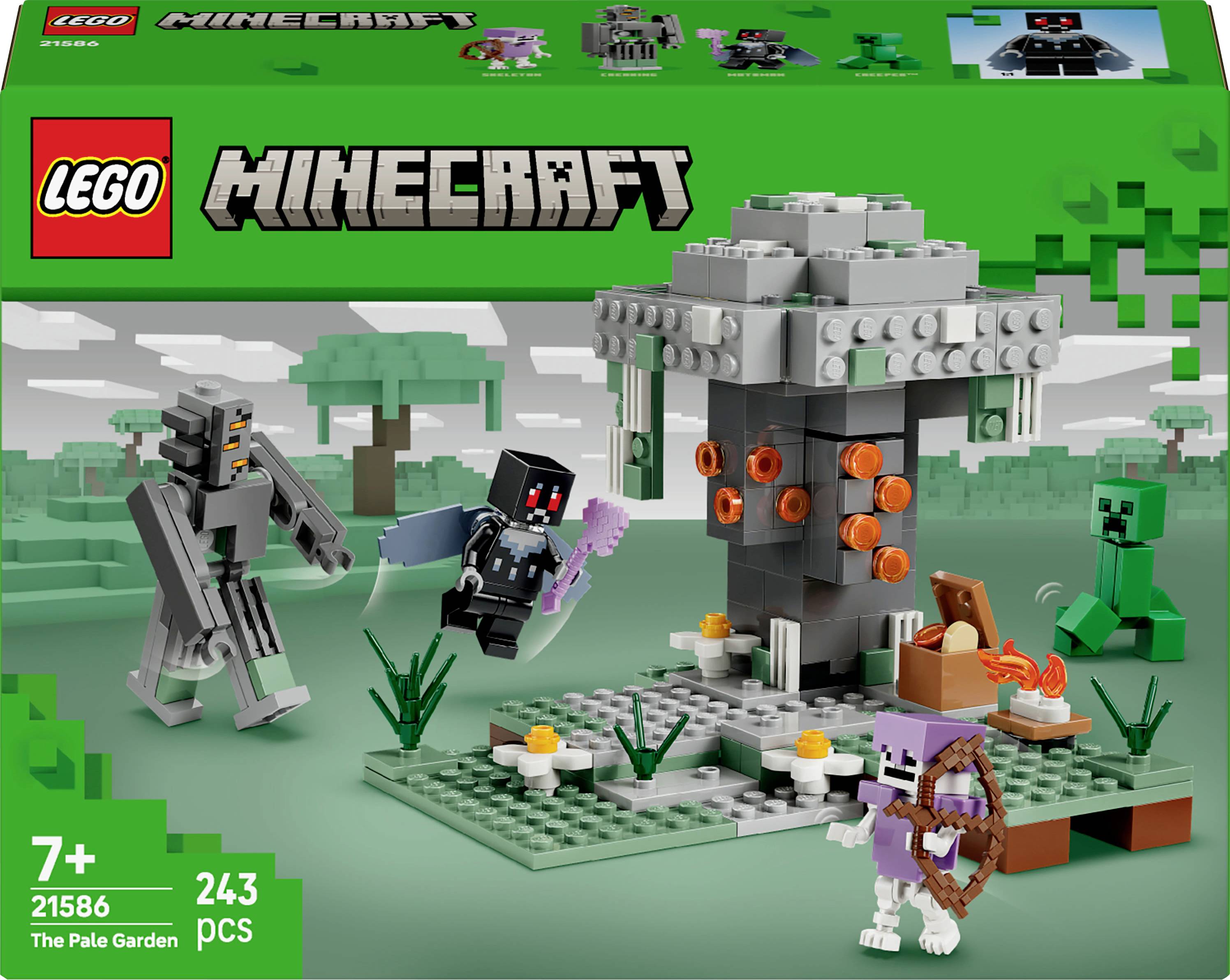 Sada 'Lego Minecraft' č. 21586 s krabicí zobrazující postavy a zahradní scénu o 243 dílcích, vhodná pro děti od 7 let.
