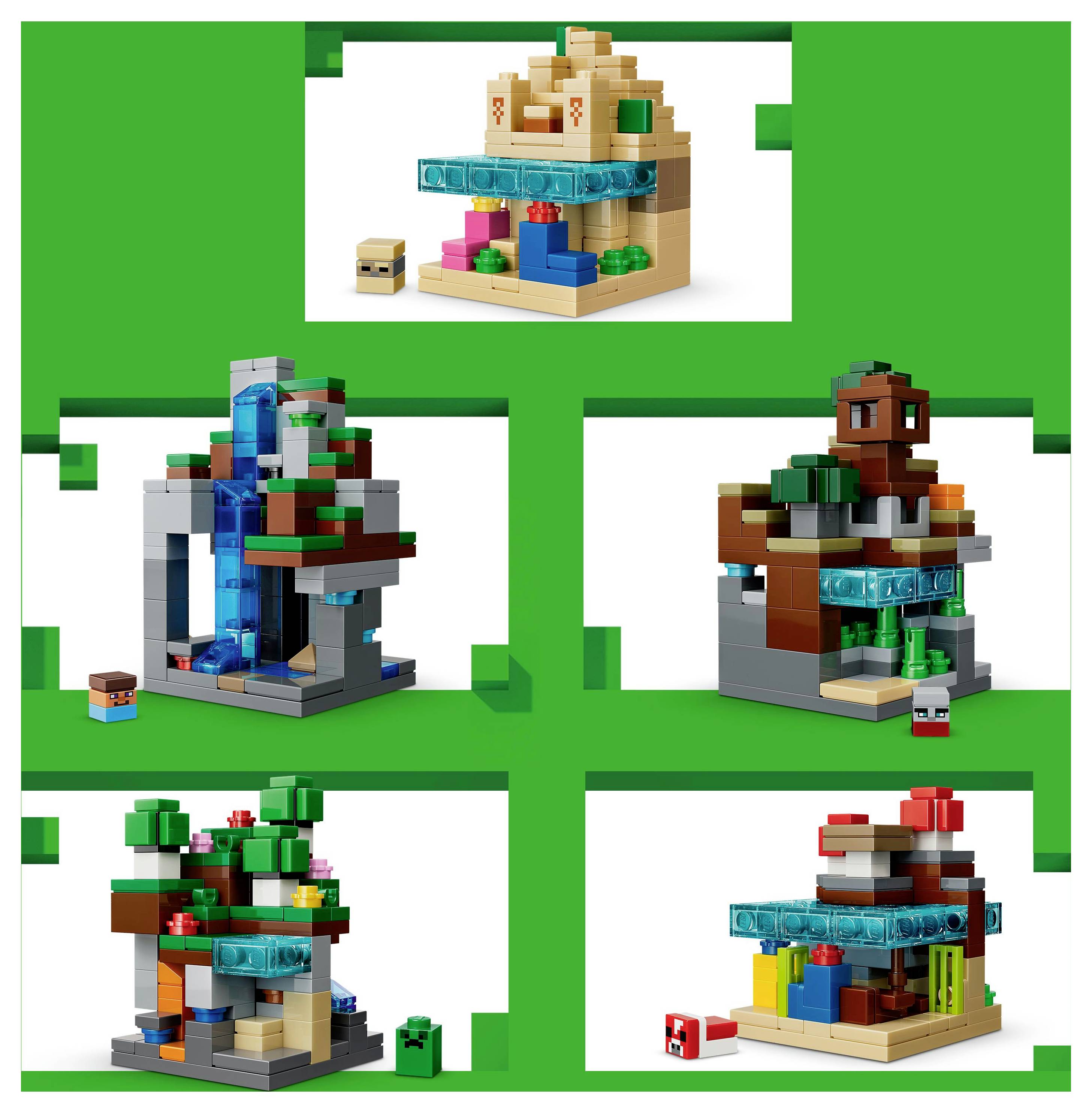 Kolekce pěti modelů Minecraft LEGO s detailními miniaturními krajinami a postavami, z nichž každý se liší svou strukturou a tématem.