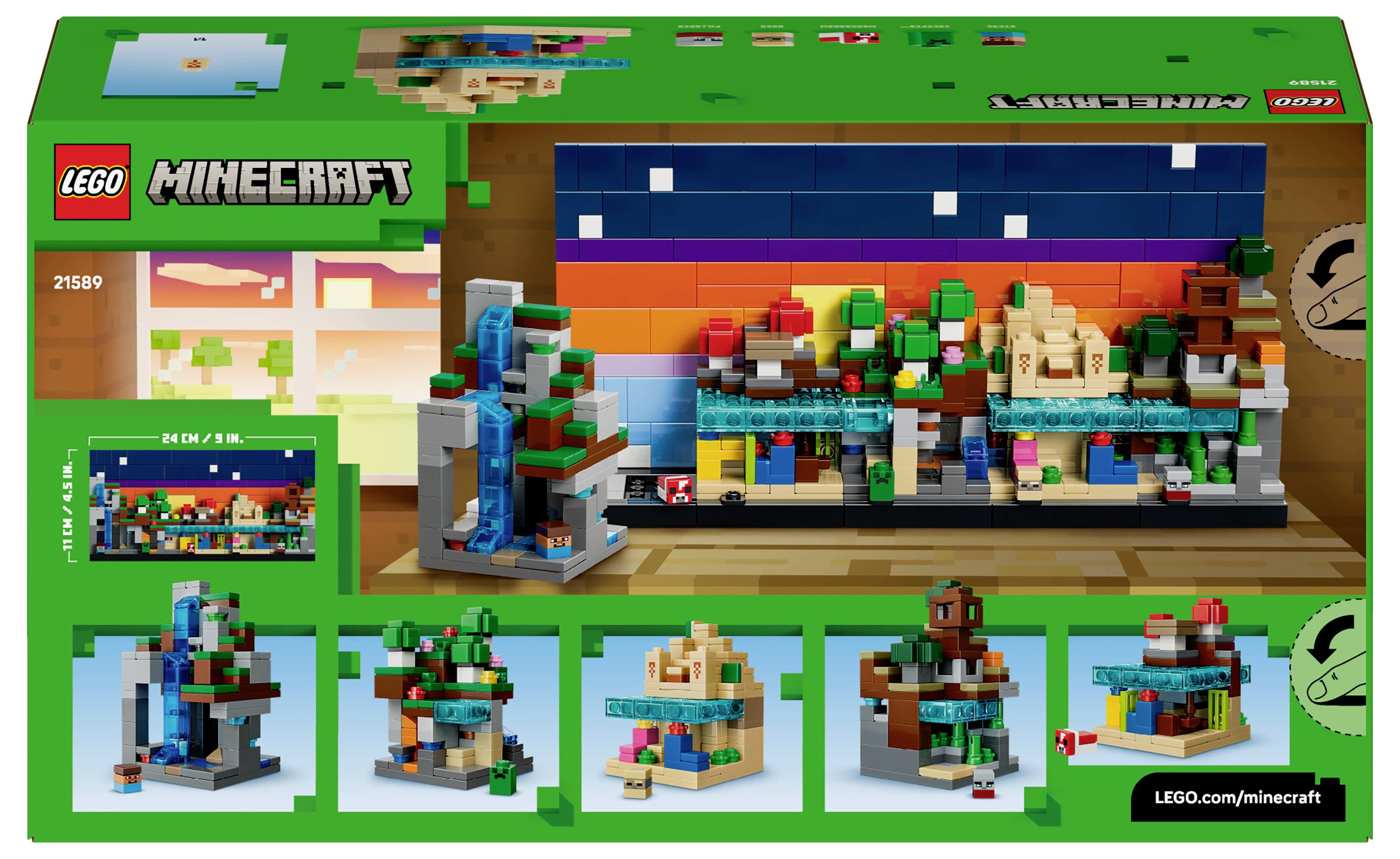 Sada Lego Minecraft zobrazující různobarevné stavitelné scény připomínající herní svět s krajinami, budovami a postavami.