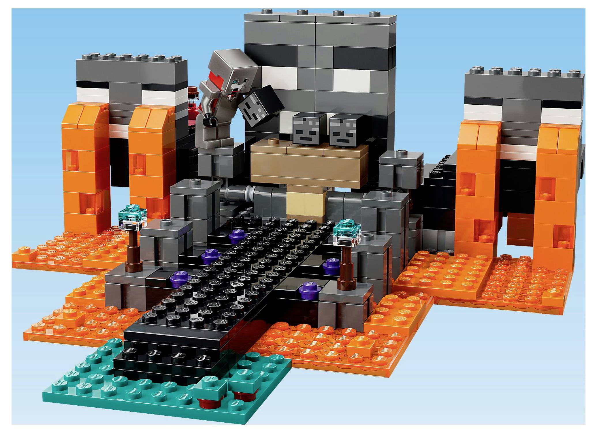 LEGO model představující smyšlenou bytost s velkou pusou a očima, sestavenou z černých a oranžových dílků, umístěnou na podstavci připomínajícím lávu.