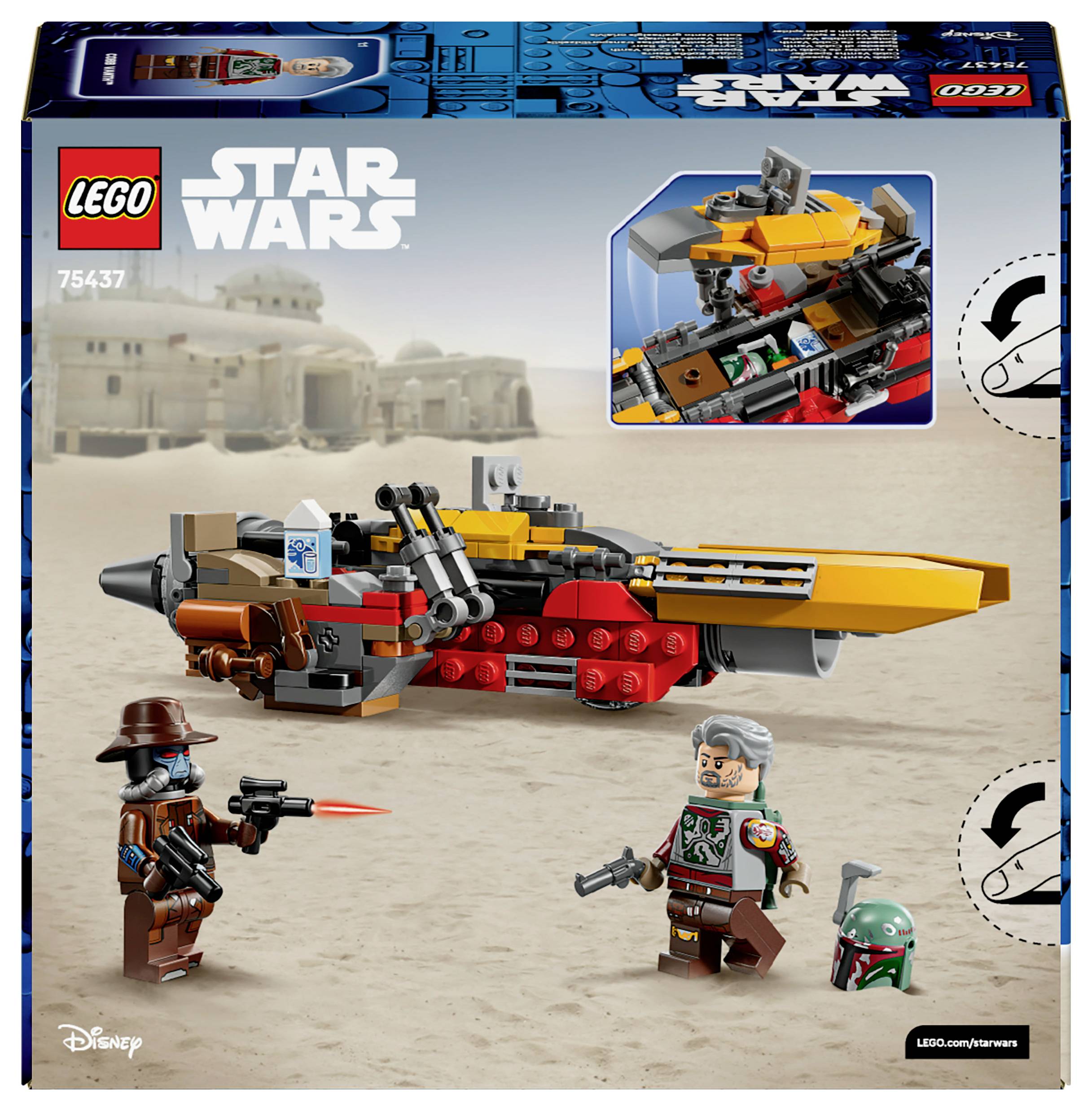 Sada LEGO Star Wars zobrazující dvě postavy stojící před vesmírnou lodí, s pouštním pozadím a dodatečným detailem vesmírné lodi v rámečku.