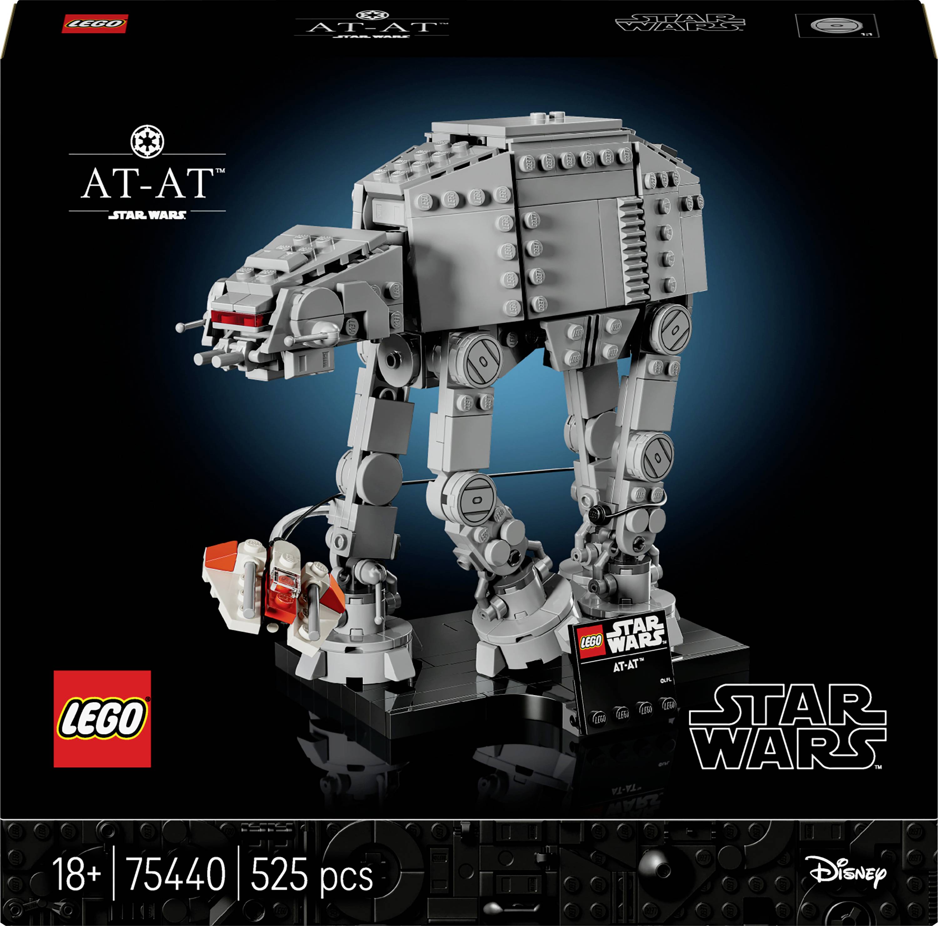 Obrázek ukazuje stavebnici modelu AT-AT z řady LEGO Star Wars, určenou pro věkovou kategorii 18+, obsahující 525 dílků, prezentovanou na tmavém pozadí s brandigem značky.