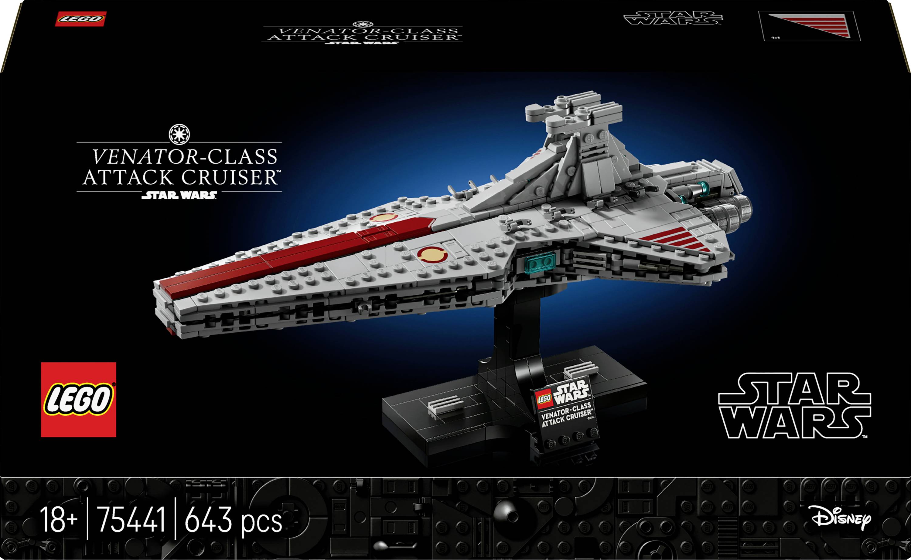 LEGO Star Wars Venatorova útočná křižník pro věk 18+, 643 dílků. Obrázek ukazuje model křižníku na displayovém stojanu.