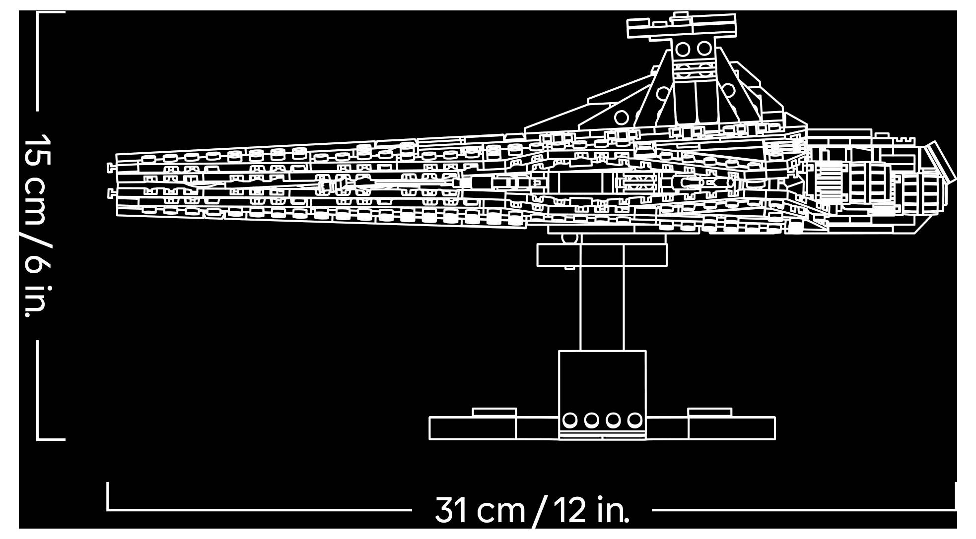 Diagram modelu kosmické lodi znázorňující rozměry: 31 cm (12 palců) délky a 15 cm (6 palců) výšky. Model je umístěn na podstavci.