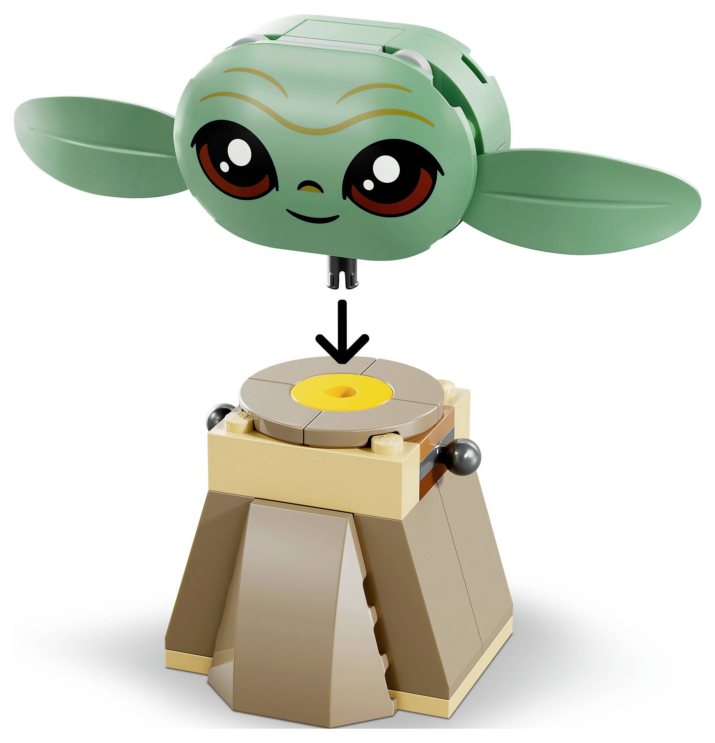 Zelená hlava LEGO figurky s velkýma očima visí nad hnědým pyramidovitým podstavcem se šipkou směřující dolů, která naznačuje montáž.