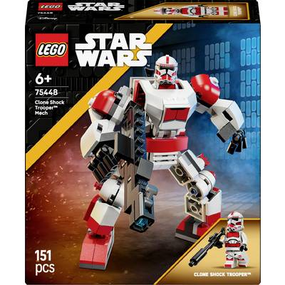 LEGO Star Wars Klonový šokový vojenský mechanoid (Mech)' krabice. Obsahuje stavitelného červeno-bílého meche s blastrem. Sada obsahuje 151 dílků. Vhodné pro děti od 6 let.