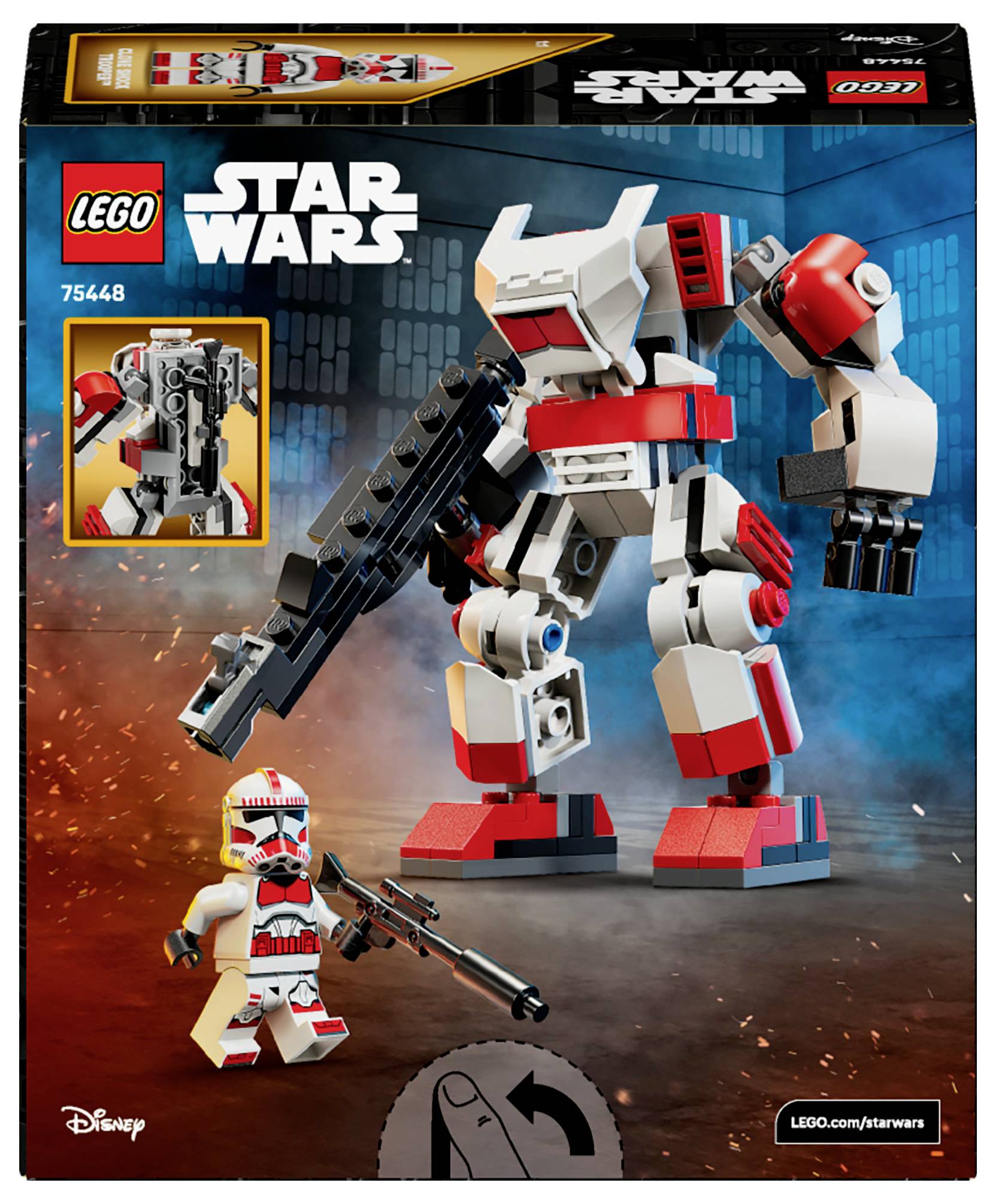 LEGO Star Wars stavebnice s číslem 75448 zobrazující červeno-bílého meche s velkou zbraní, doprovázený malou figurkou postavy.