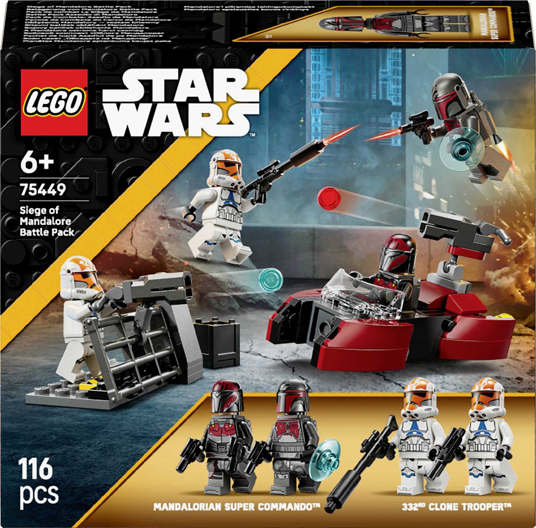LEGO Star Wars sada obsahující 'Bitevní balíček Obléhání Mandaloru' s mandalorijskými figurkami, blastry a obrannou pozicí. Vhodné pro děti od 6 let.