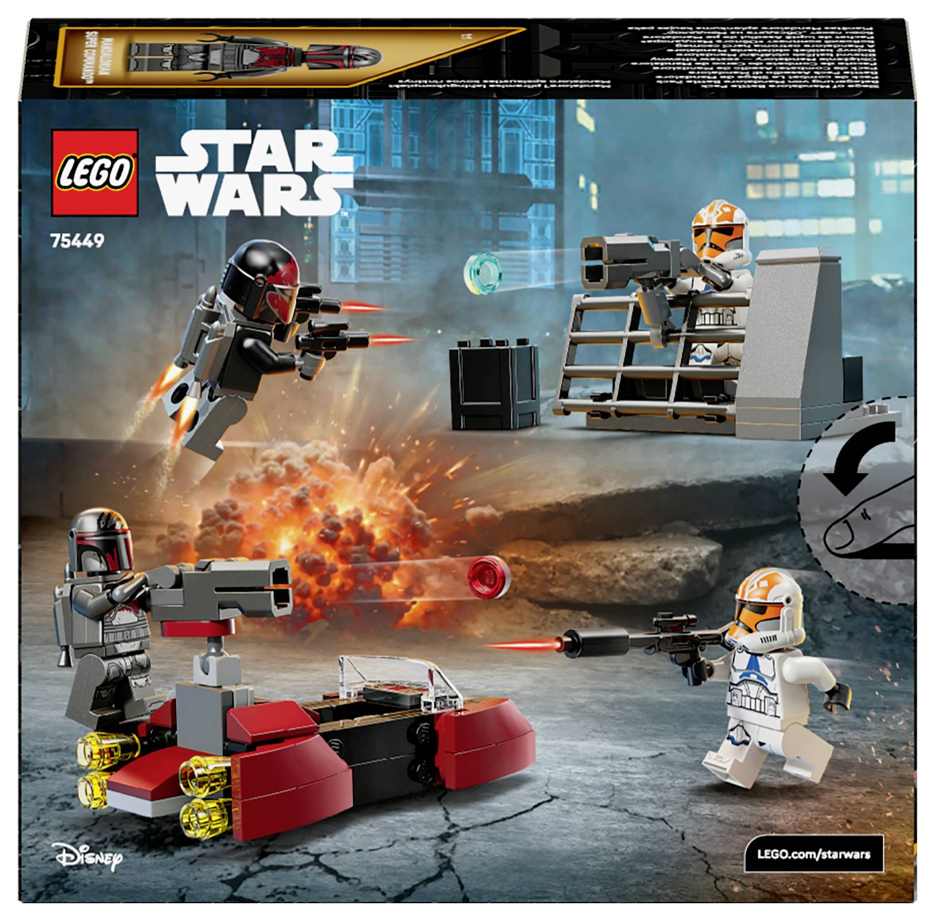 LEGO Star Wars sada 75449. Obsahuje minifigurky v bitvě s vozidly a efekty blesků z blasterů, s vědeckofantastickým městským pozadím.