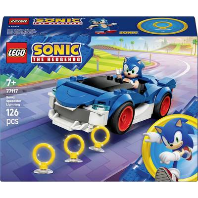 Sada Lego Ježek Sonic stavebnice v krabici s obrázkem Sonica v modrém autě s kruhy, vhodná pro děti od 7 let, 126 dílků.