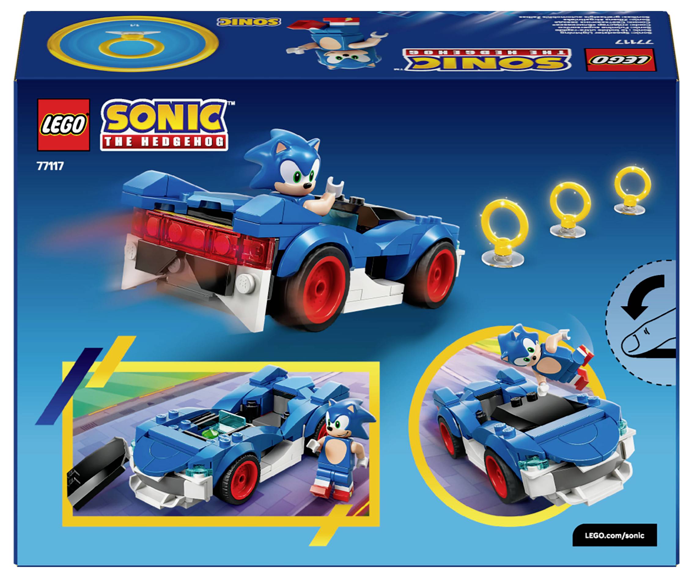 Sada LEGO s motivem 'Sonic the Hedgehog', zobrazující modré auto s figurkou Sonicy, třemi prvky prstenů a herními funkcemi.