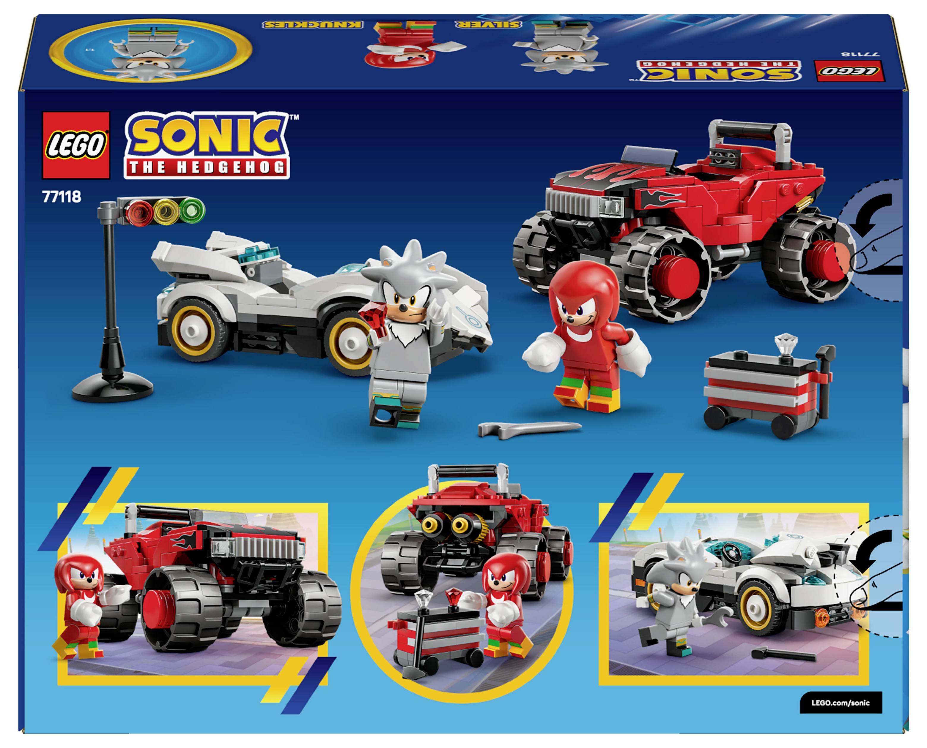 LEGO sada s postavami a vozidly ze série Sonic. Obsahuje červené terénní vozidlo, bílý závodní vůz a dvě postavičky s příslušenstvím.