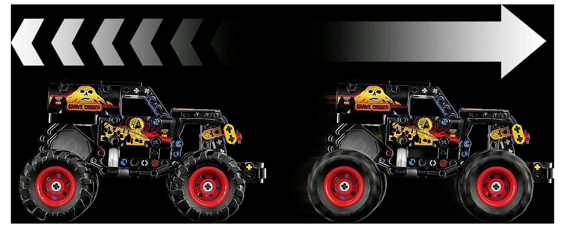 Hračkářský monster truck s plamenným designem a červenými koly se pohybuje doprava, zobrazený ve dvou fázích pohybu se šipkou ve tvaru chevronu označující směr.