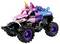 Hračkářský monster truck s velkými černými pneumatikami, růžovo-fialovým tělem s víry a jednorožčím rohem vpředu.