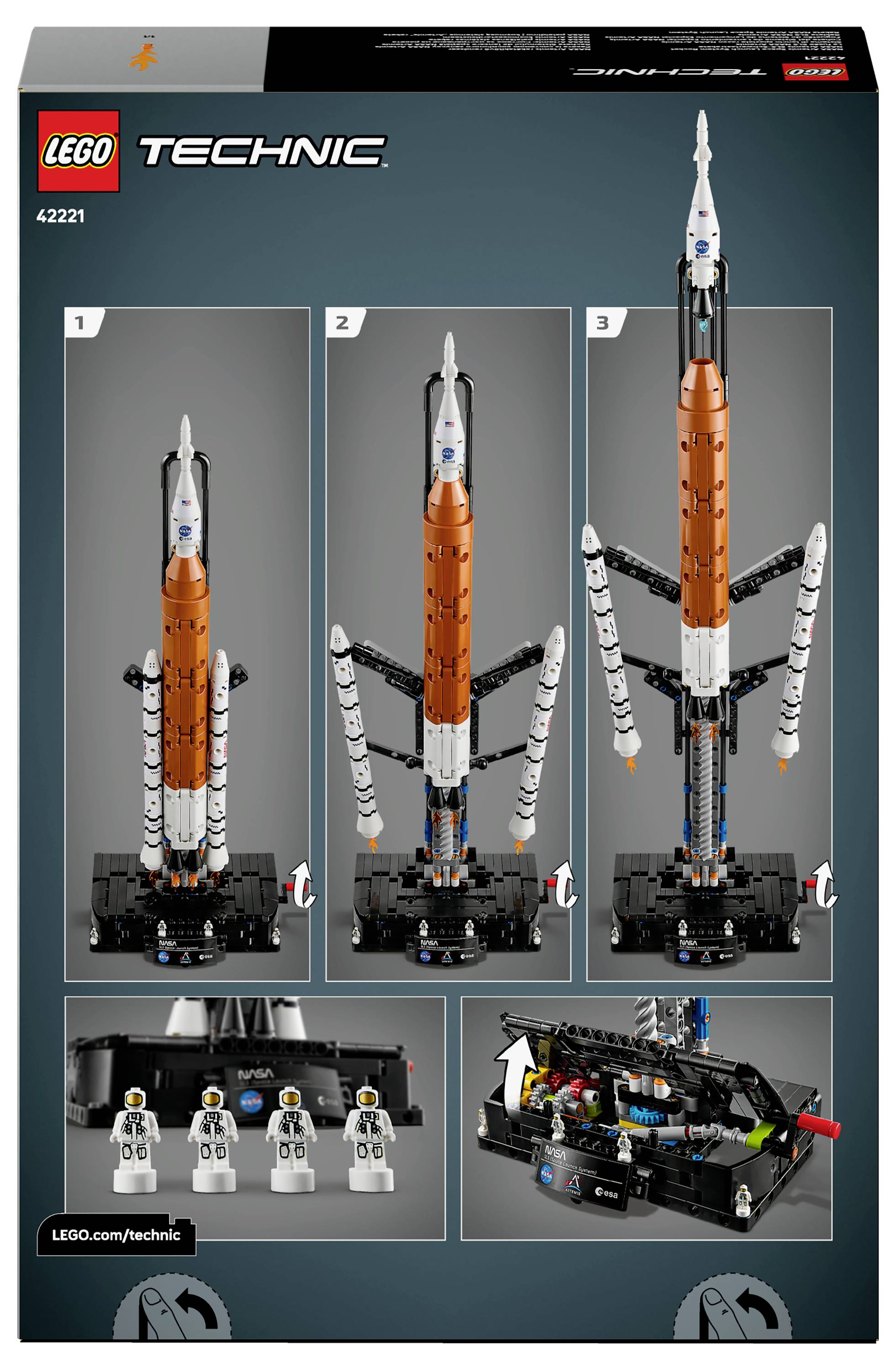 Krabice sady Lego Technic 42221 zobrazující stavitelný model vesmírné rakety s detailními stupni, minifigurkami astronautů a vnitřními komponenty.