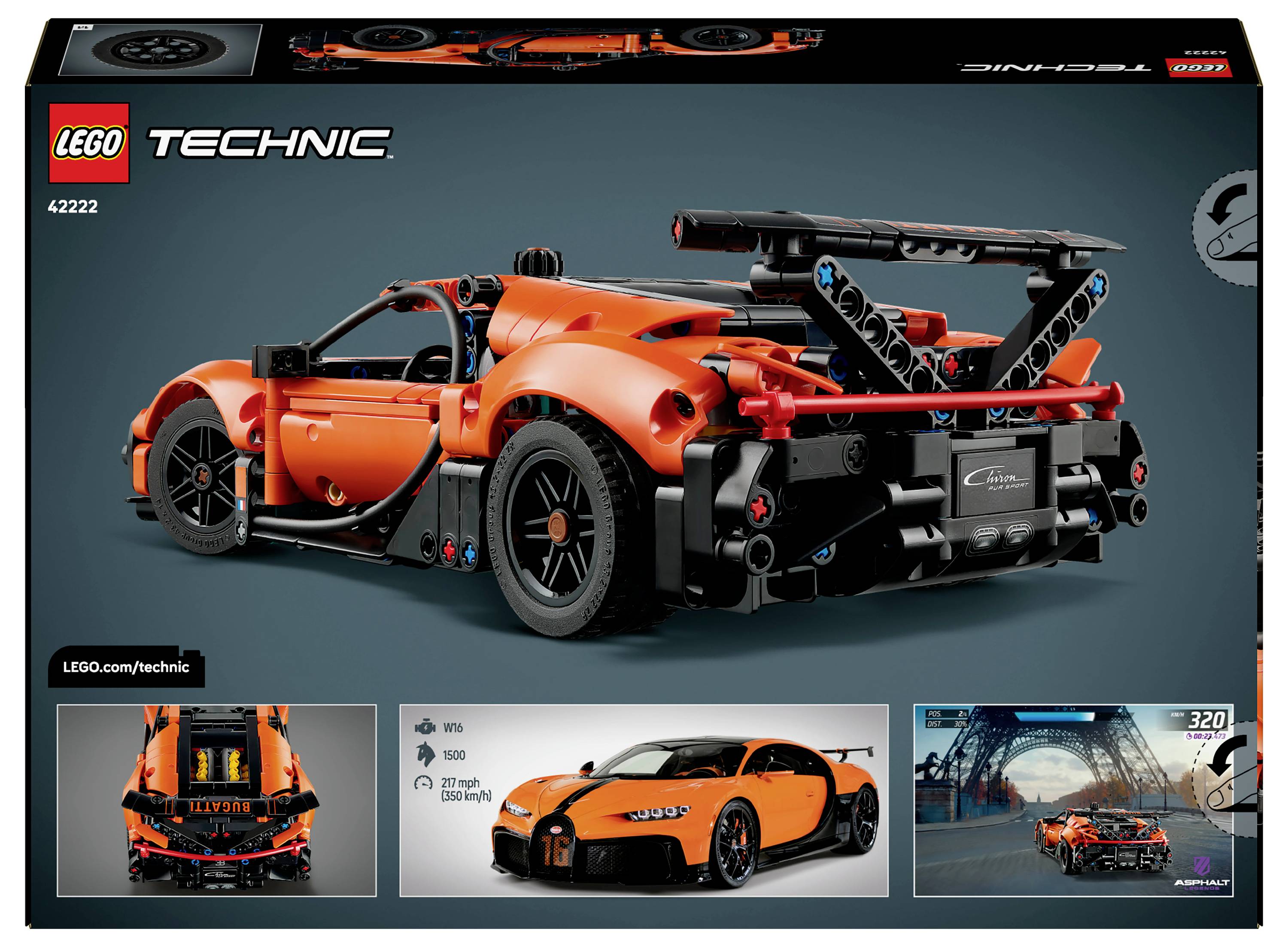 Krabice LEGO Technic pro sadu 42143, zobrazující model oranžového sportovního vozu s viditelnými detaily a specifikacemi.