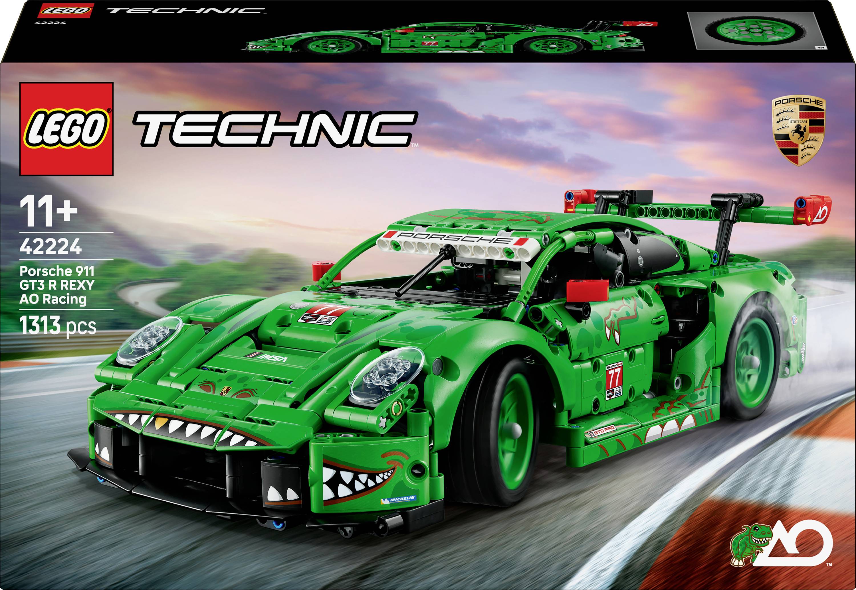 Lego Technic Porsche 911 GT3 model kit, věk 11+, 1313 dílků, zelený sportovní vůz na pozadí závodní dráhy.