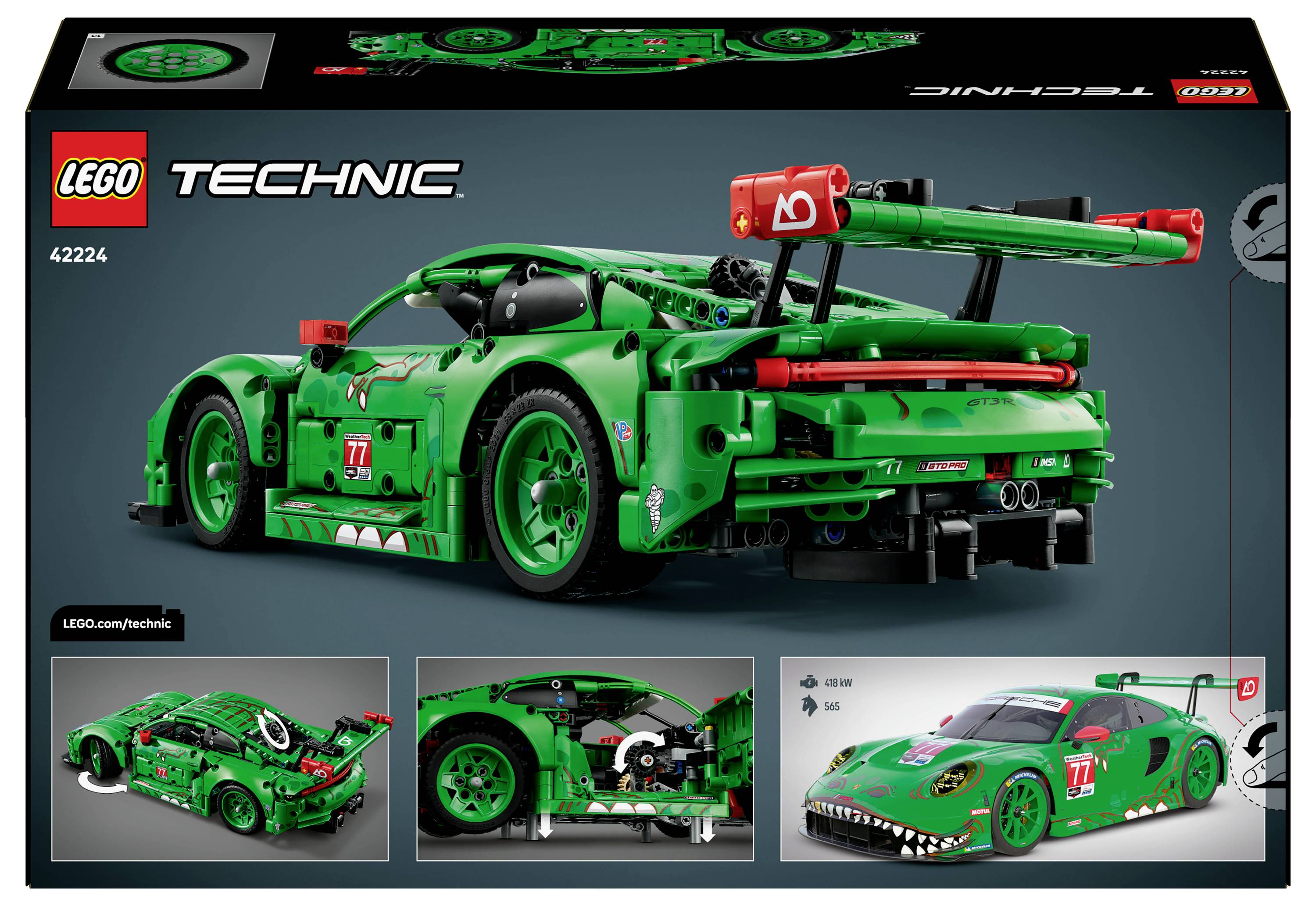 Model sportovního vozu LEGO Technic v zelené barvě s detailními prvky, zobrazený v různých fázích montáže. Sada s číslem 42224 obsahuje vše potřebné pro sestavení.