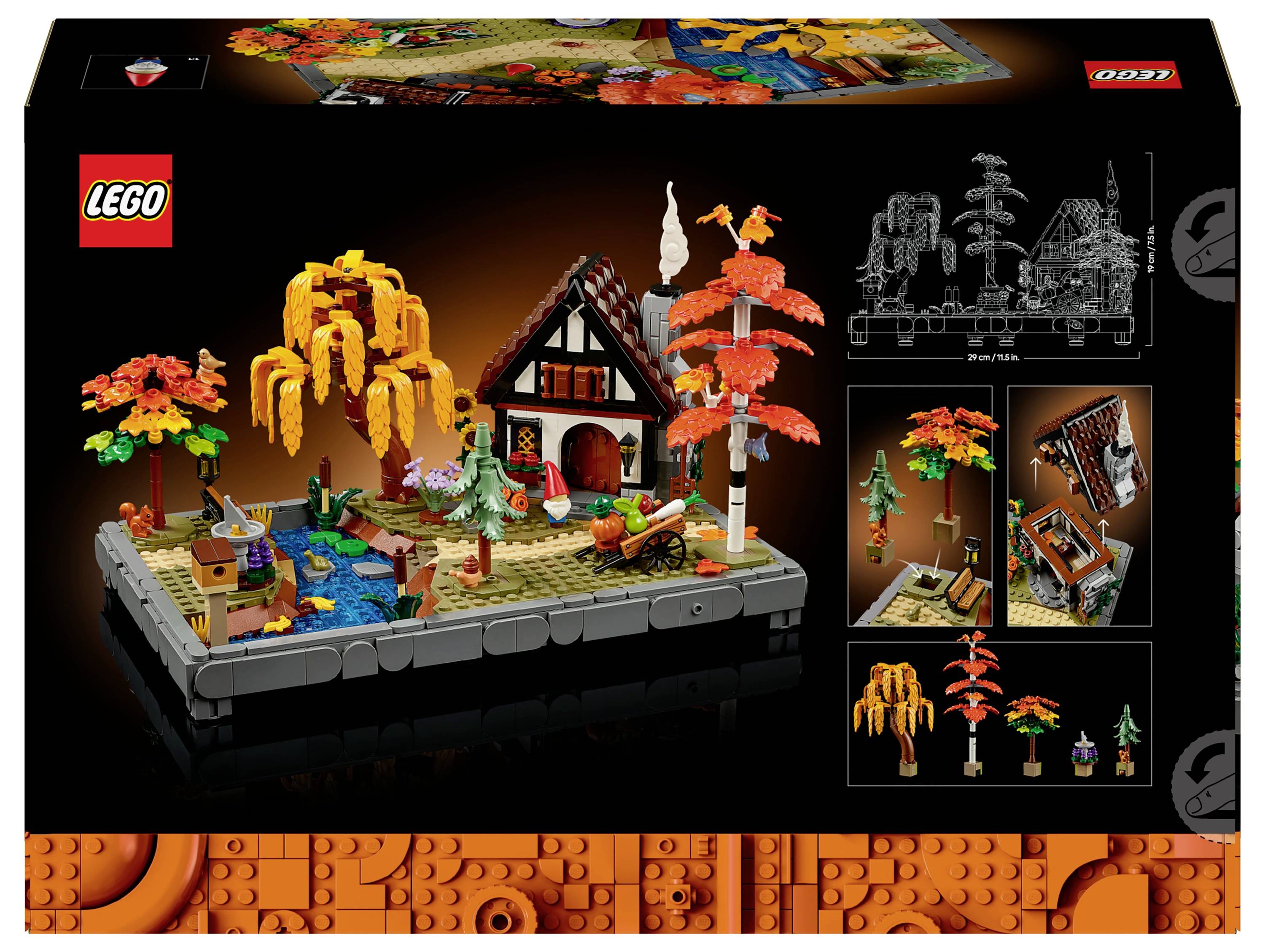 Sada LEGO Ideas zobrazující idylický podzimní výjev s chaloupkou, rybníkem a pestrobarevnými stromy. Obsahuje podrobné stavební instrukce.
