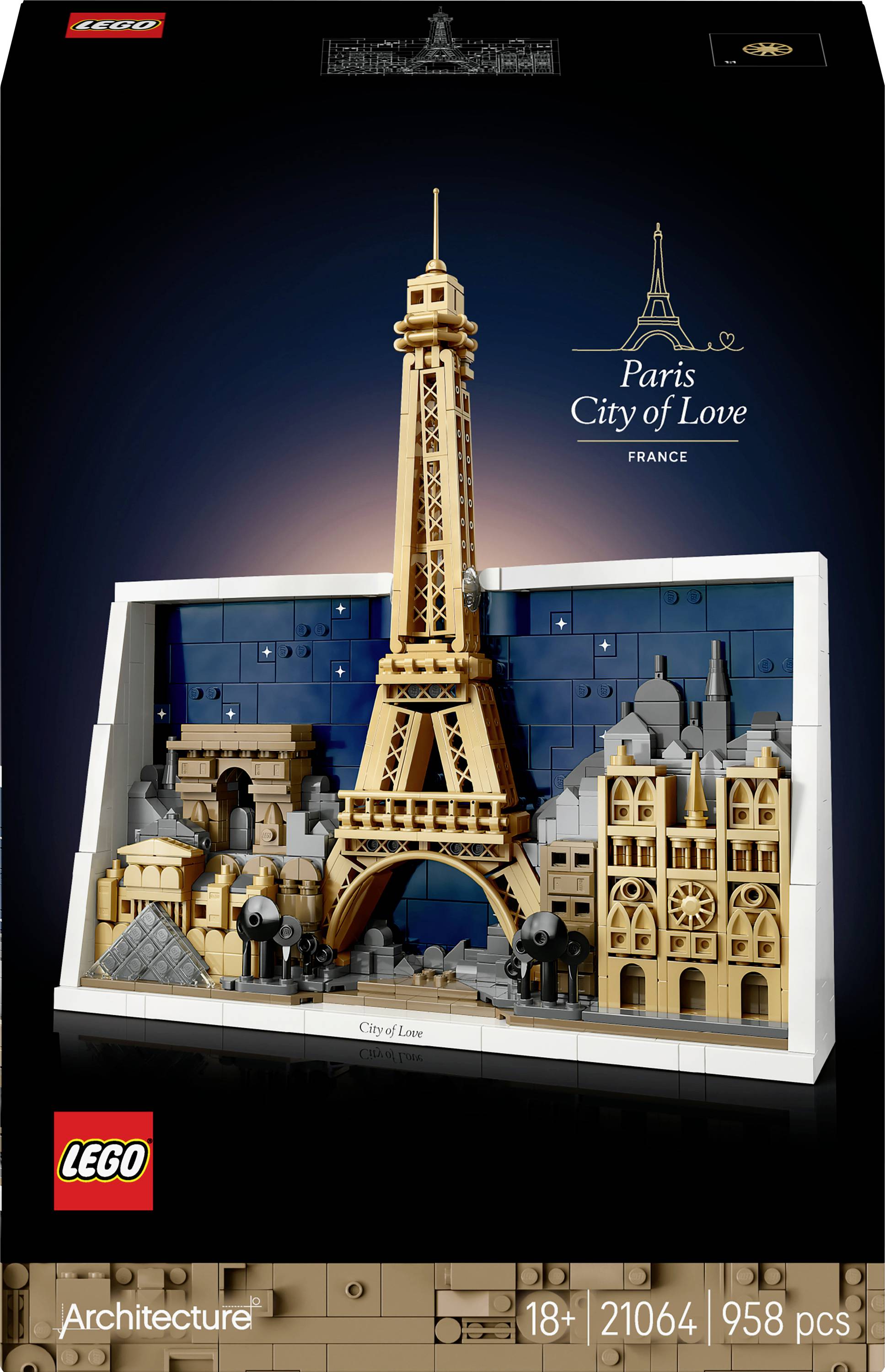 LEGO Architecture sada znázorňující Eiffelovu věž a pařížské památky, označená nápisem 'Paříž, město lásky', s 958 díly.
