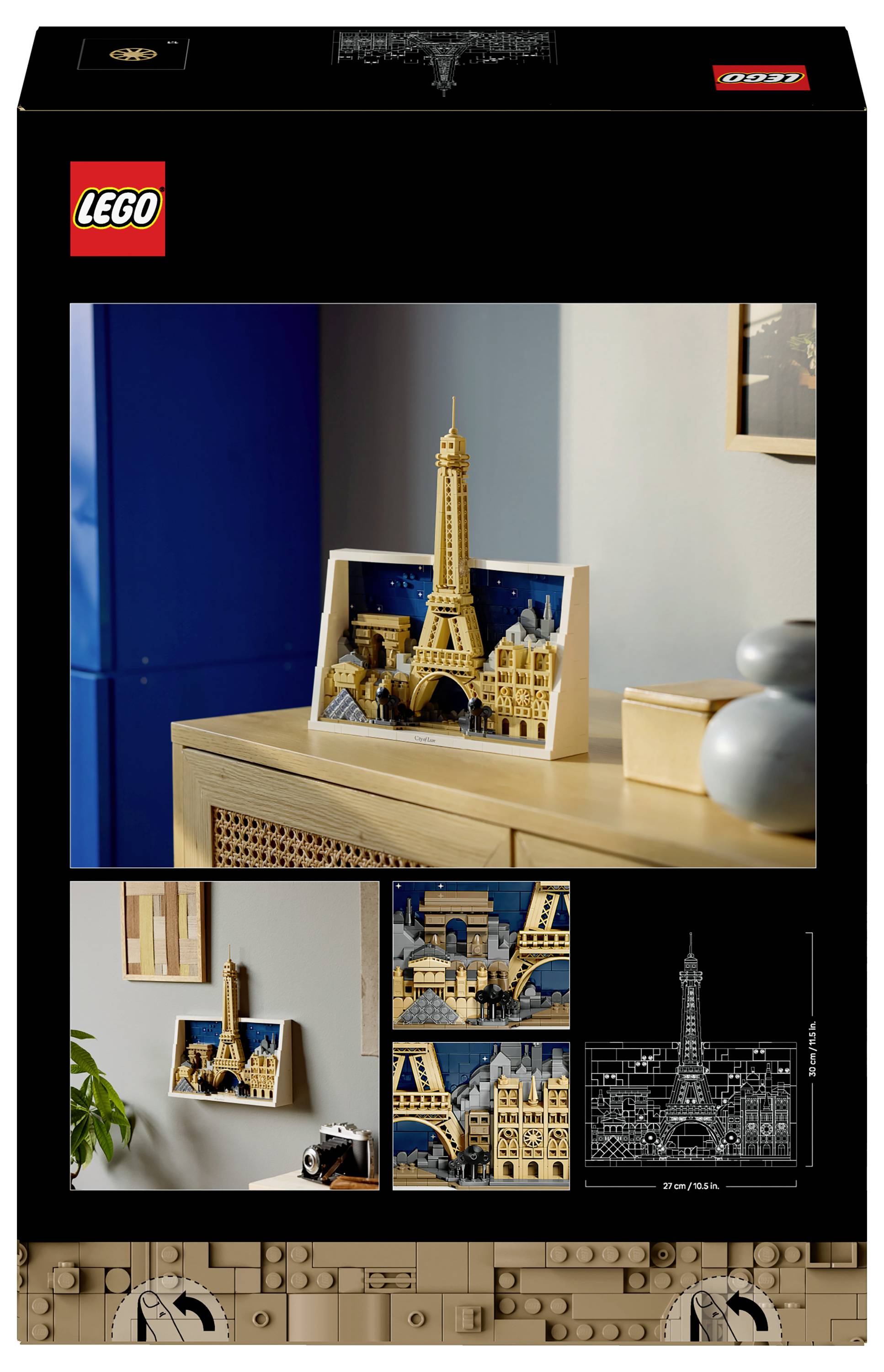 Krabice se sadou LEGO obsahující detailní model Eiffelovy věže umístěný v obývacím pokoji. Další obrázky zobrazují podrobnosti montáže.