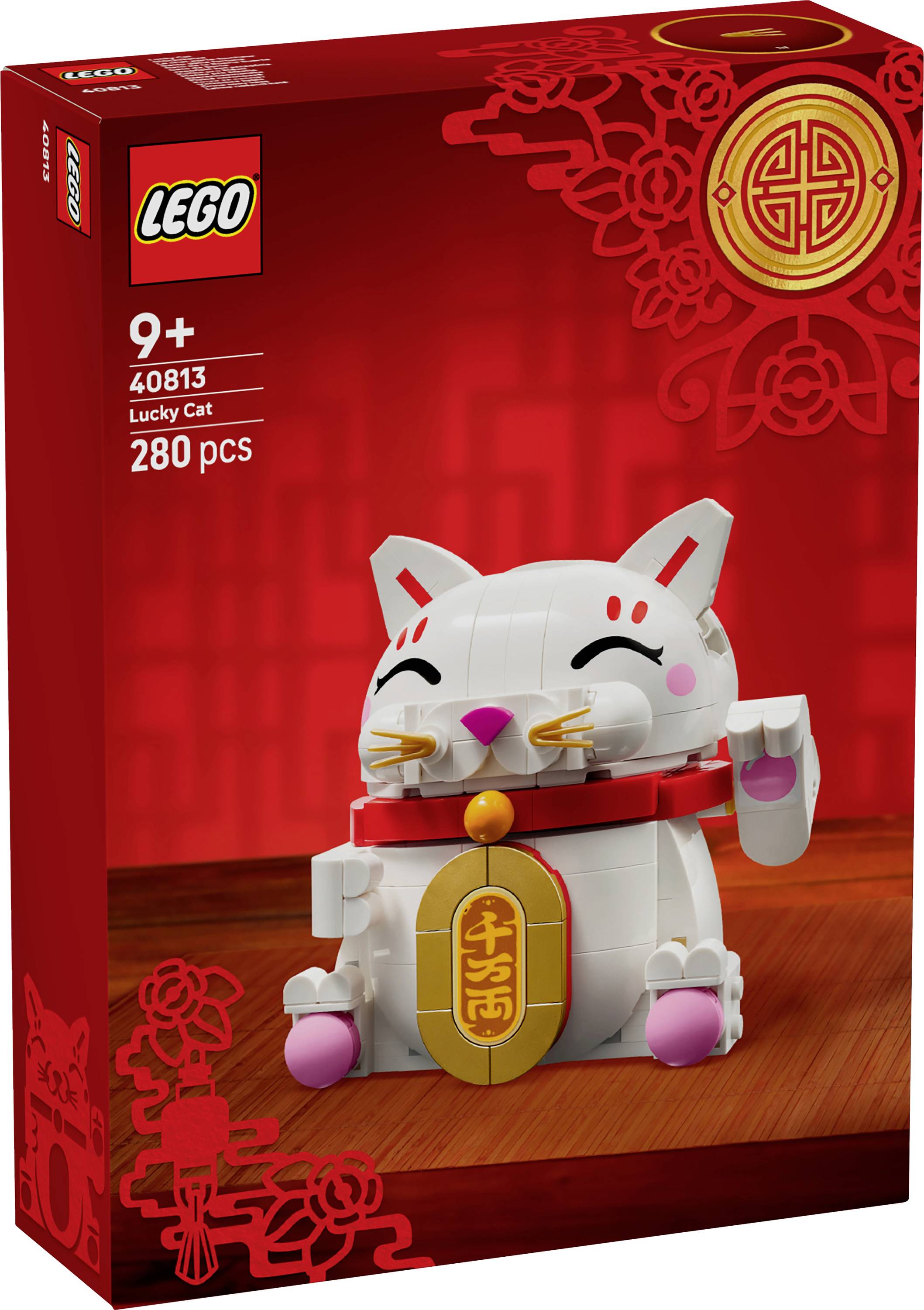 Sada 'Lego Šťastná kočka' s postavitelnou bílou kočkou s nadzvednutou tlapkou, červenými a zlatými prvky, vhodná pro děti od 9 let, 280 dílků.