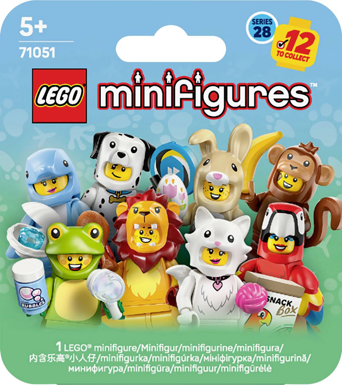 Balení LEGO Minifigurek série 28 zobrazuje různobarevné figurky, jako jsou zvířata a postavy, s nálepkou „12 ke sběru".