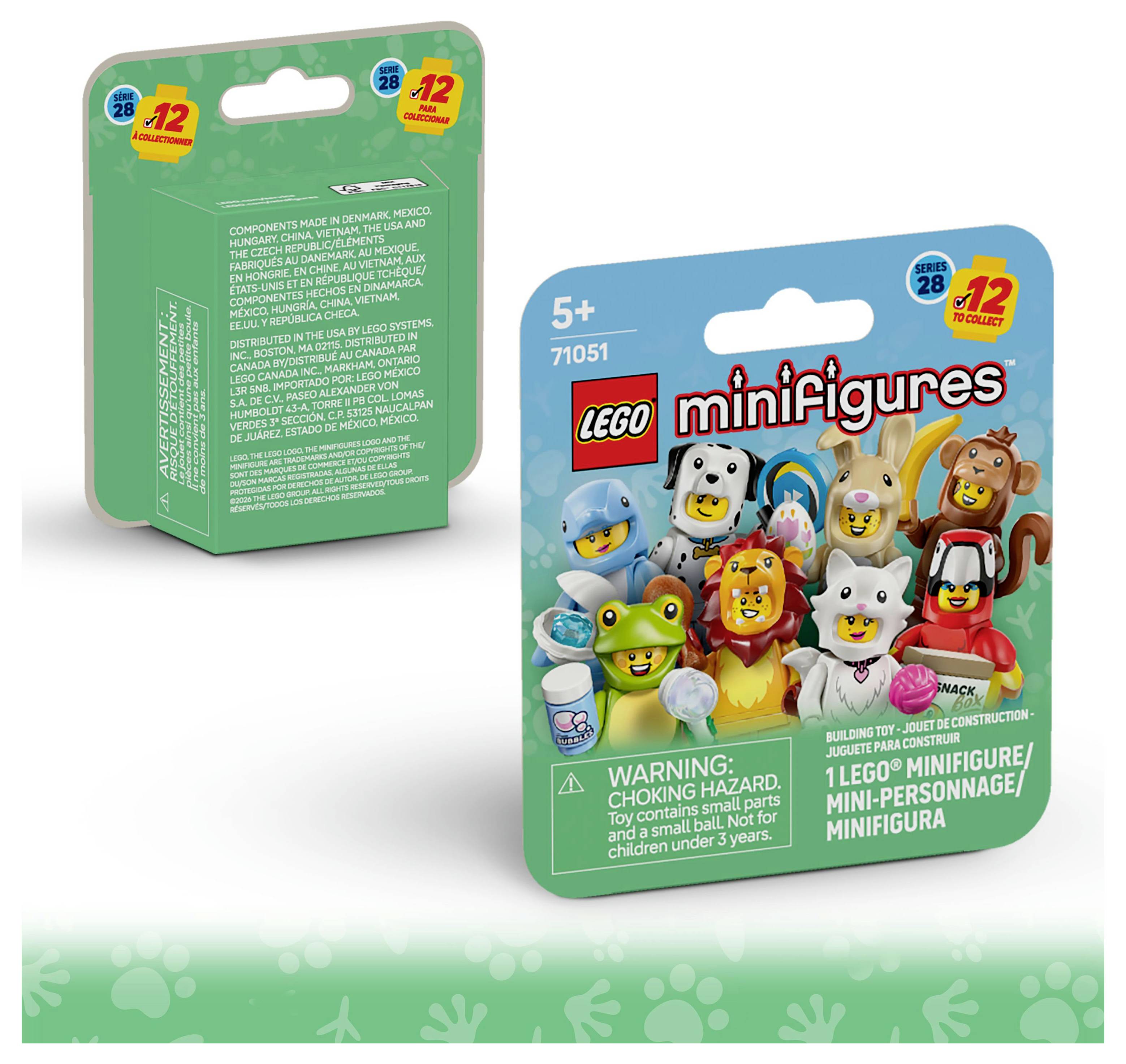 Série 'LEGO Minifigures' zobrazuje balení s několika barevnými postavičkami v kostýmech zvířat, vhodnými pro děti od 5 let, včetně bezpečnostních upozornění.