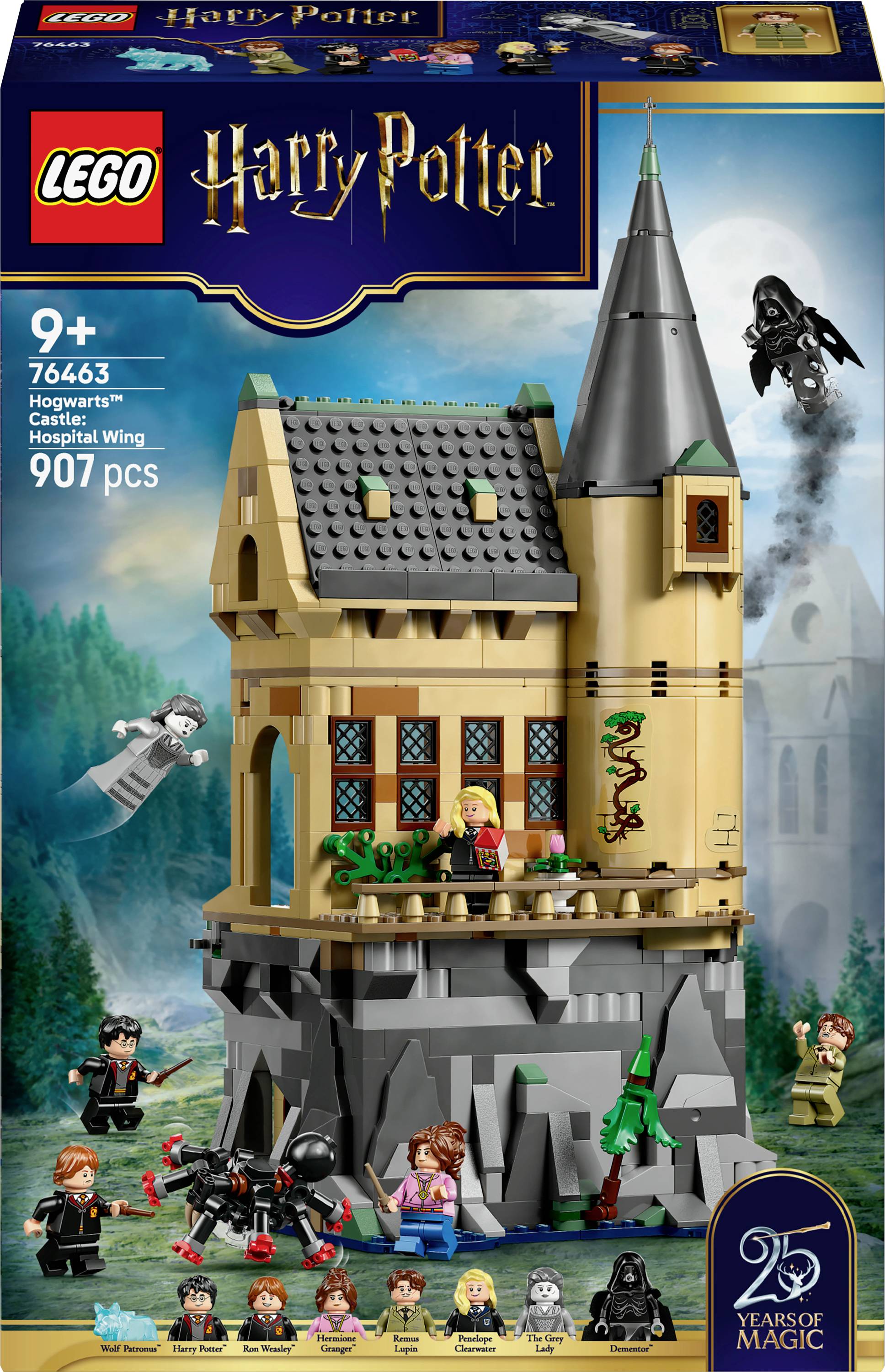 Sada LEGO Harry Potter 'Bradavický hrad: Ošetřovna' s modelem hradu, osmi mini figurkami a kouzelným prostředím. Pro děti od 9 let.