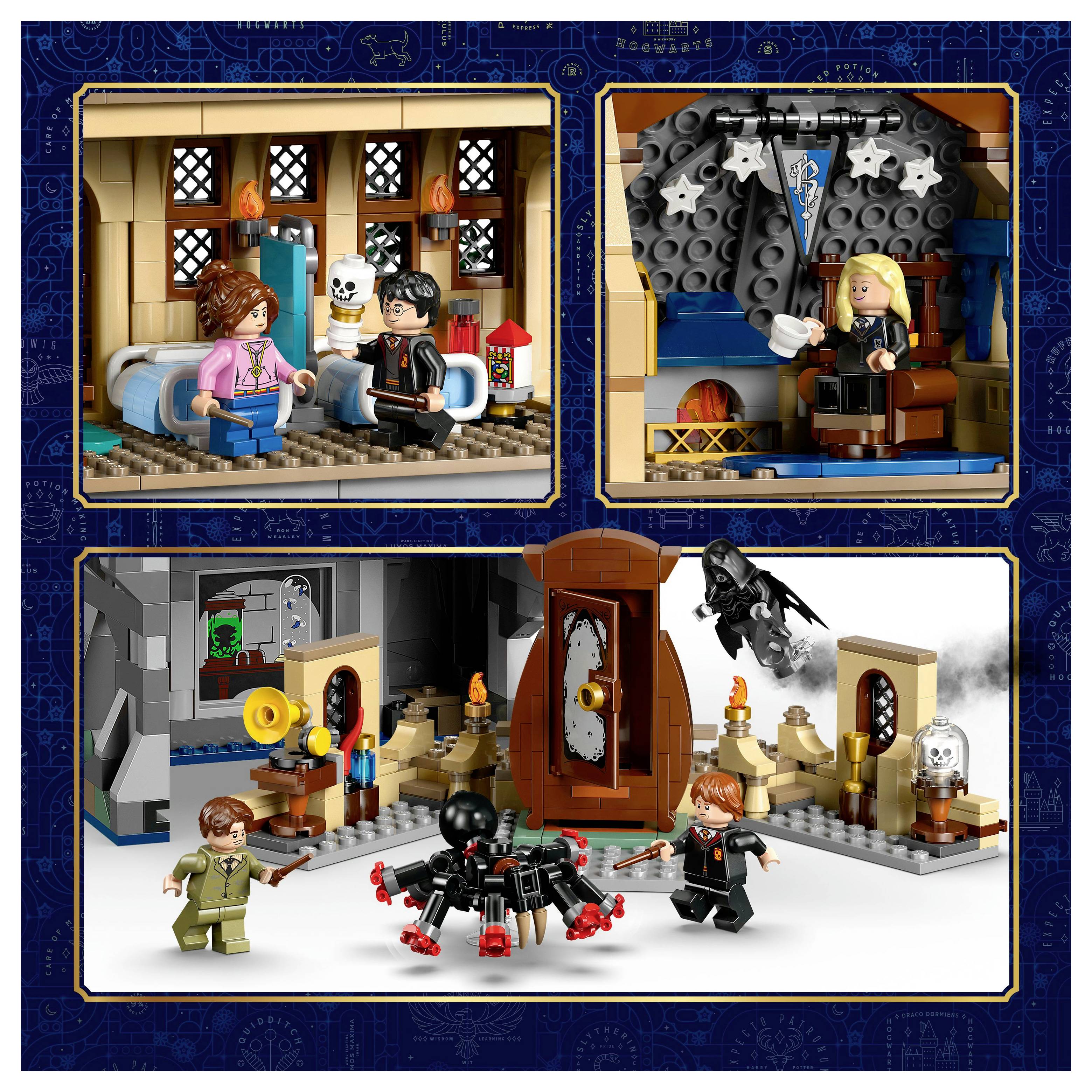 Tři LEGO sady zobrazující scény z Harryho Pottera: útulná místnost s Harrym a Hermionou, učebna s učitelem a hrad s postavami a bytostmi.