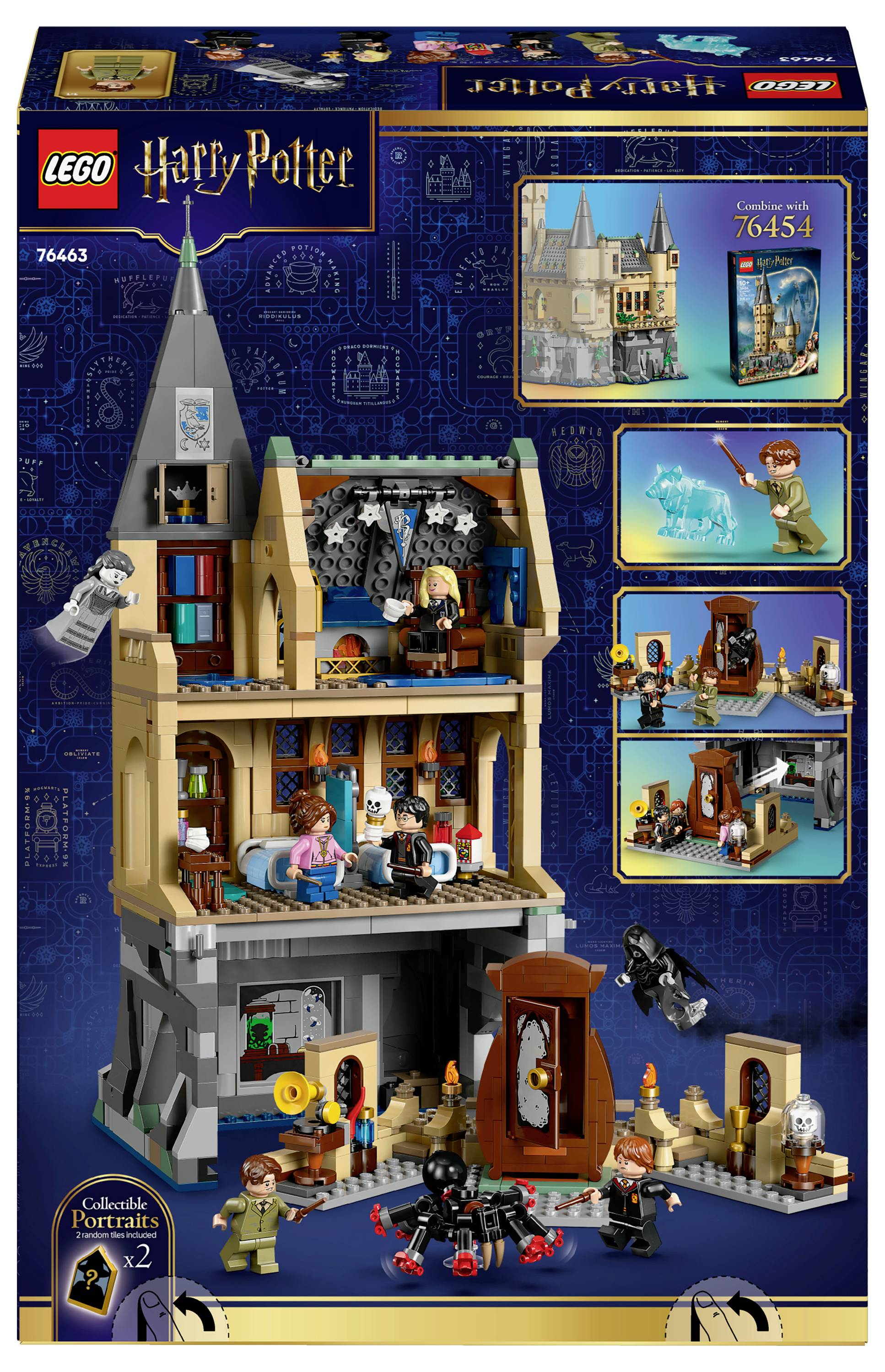 LEGO Harry Potter Hogwarts sada s několika úrovněmi, mini figurkami a interaktivními prvky. Zahrnuje kouzelnou scénu s postavami a příslušenstvím.