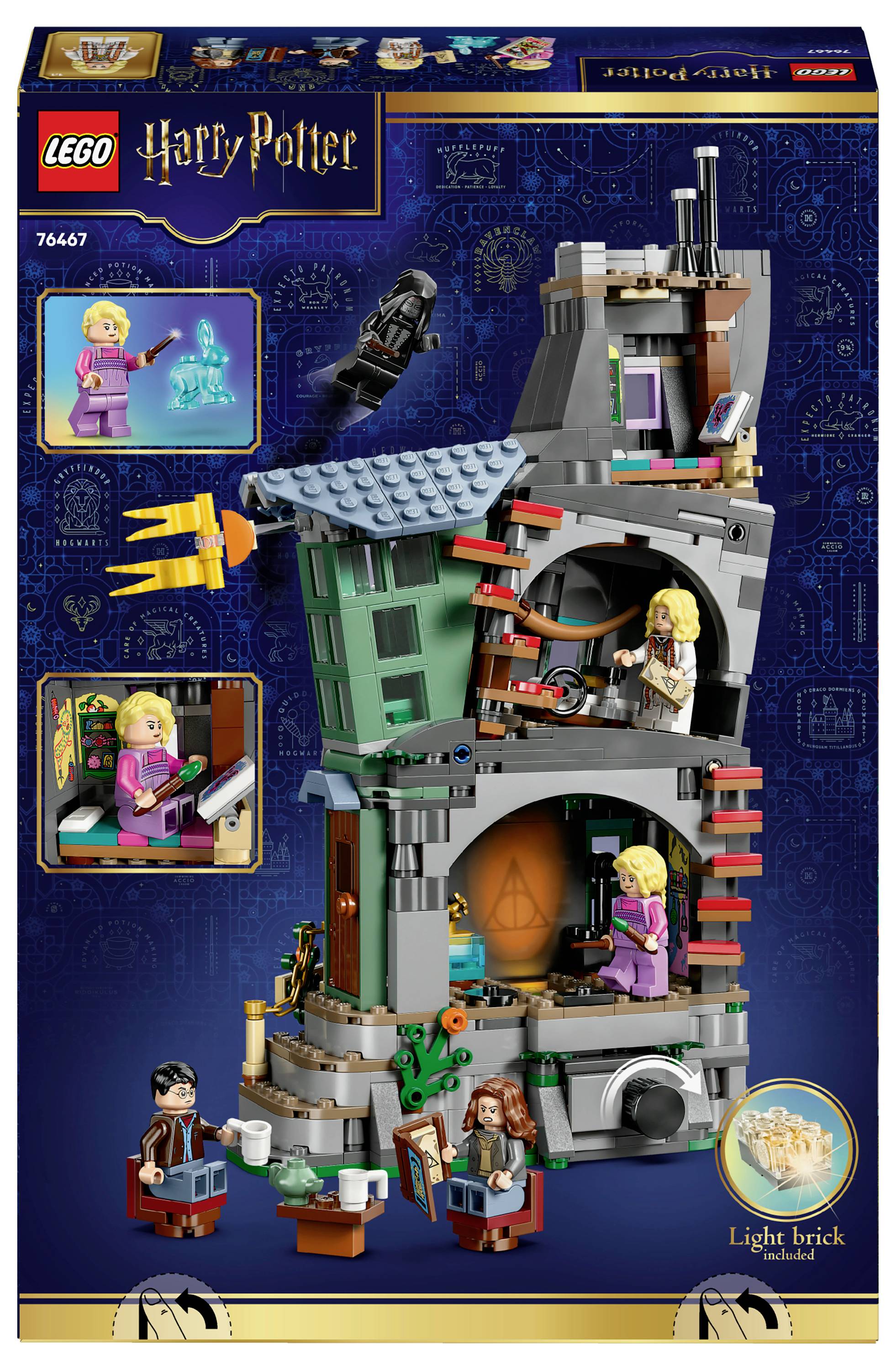 Sada LEGO zobrazující víceposchoďový dům z magického světa, obsahující figurky, doplňky a prvek „svítícího kamene".