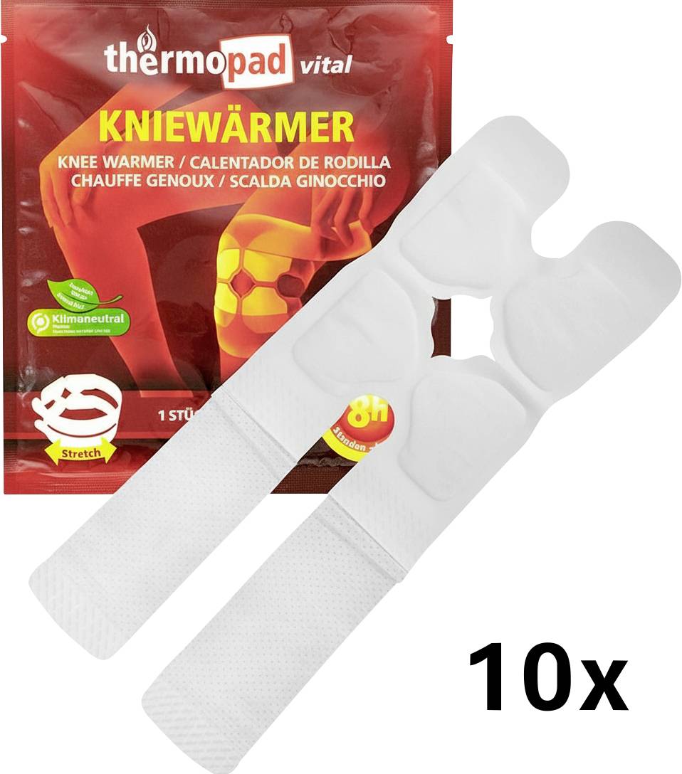 '10x Thermopad Vital Návlek na koleno'. Červený obal s produktovou fotografií bílých nákolenních chráničů. Vlastnosti zahrnují '8h tepla' a 'klimaticky neutrální'.