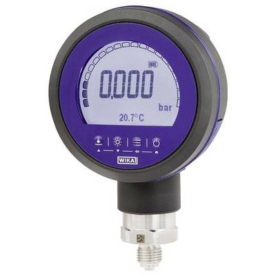 Digitální tlakoměr zobrazující '0.000' bar s teplotním údajem '20.7°C', obklopený různými ovládacími ikonami.
