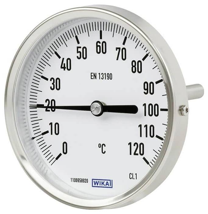 Kulatý analogový teploměr zobrazuje teplotu kolem 21°C. Stupnice sahá od 0°C do 120°C a je rozdělena po 10 stupních.