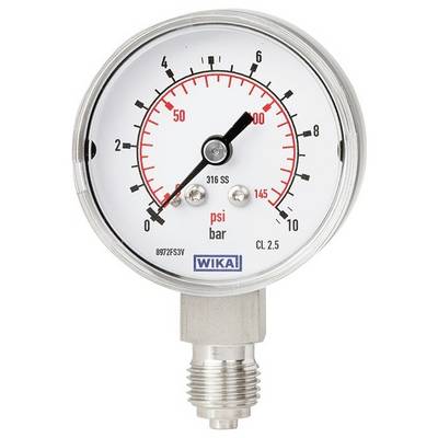 Analogový tlakoměr zobrazující hodnotu 0 psi a 0 bar, s červenými čísly označujícími maximální tlak 145 psi a 10 bar.