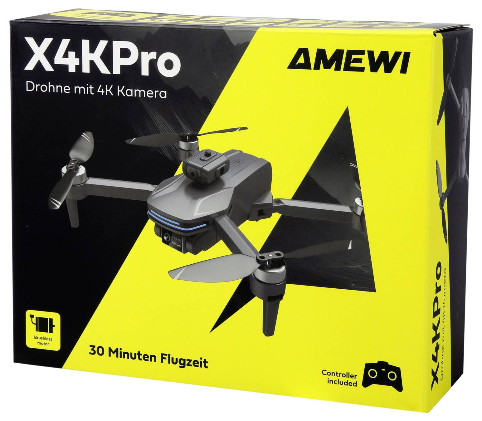 Žlutá krabice s černou dronem, označená jako 'X4KPro' od společnosti 'Amewi'. Mezi funkce patří 4K kamera, doba letu 30 minut a ovladač.