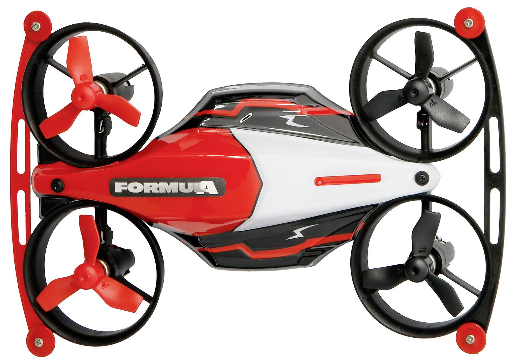 Červený a černý závodní dron s textem 'Formula' na boku, vybavený čtyřmi vrtulemi, je zobrazen z pohledu shora na bílém pozadí.