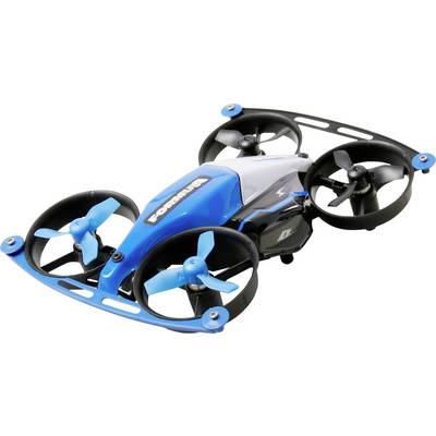 Modrá a černá závodní dron se čtyřmi vrtulemi, navržená pro rychlost a obratnost.