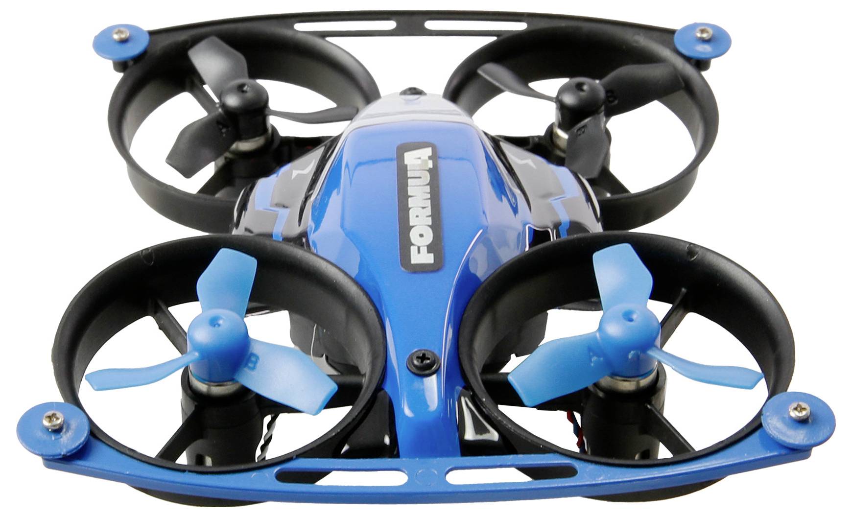 Malý modrý čtyřvrtulový dron s nápisem 'Formula' na horní straně, navržený pro závodění nebo rekreační použití.