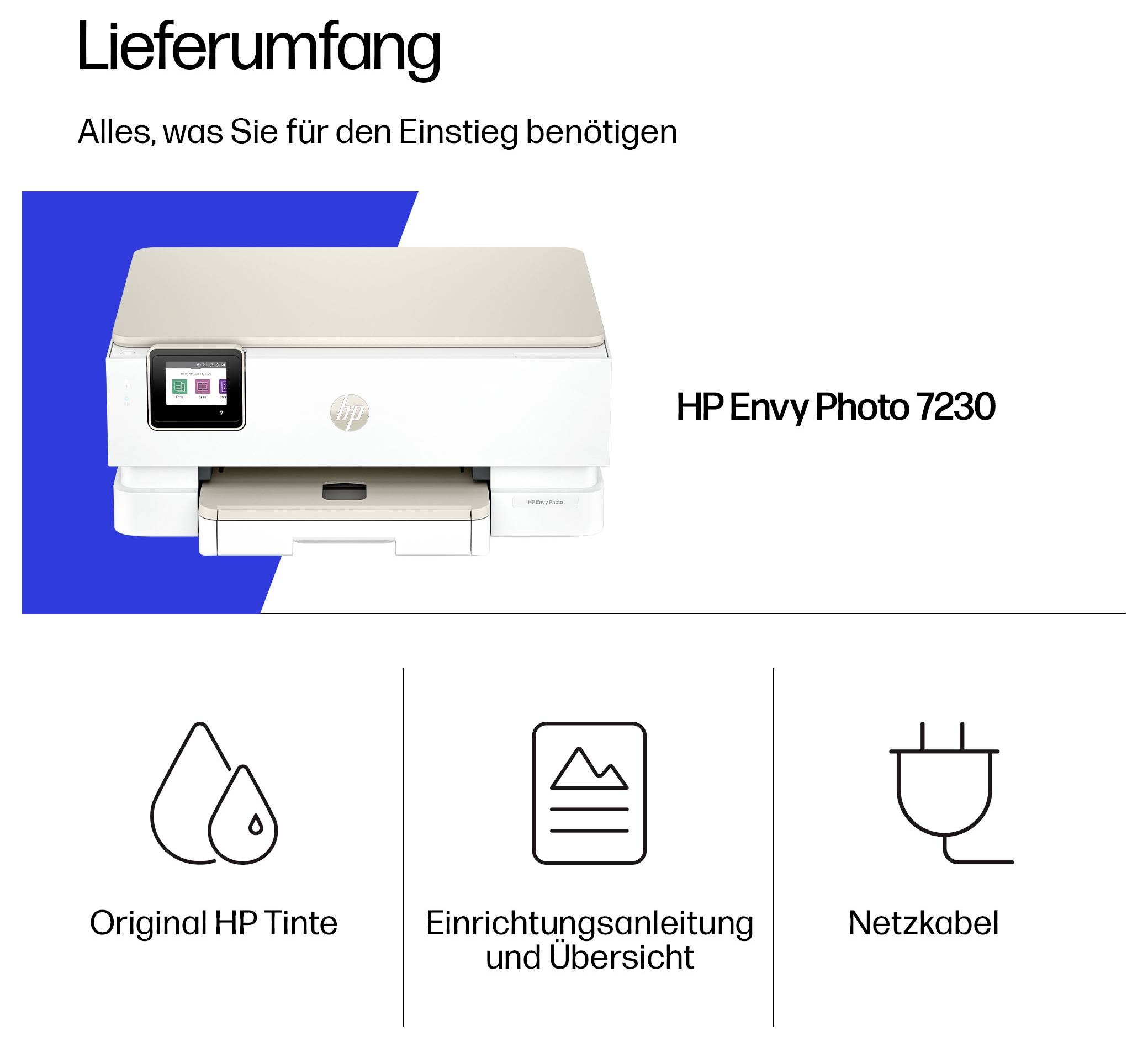 Rozsah dodávky pro HP Envy Photo 7230: Tiskárna, originální HP inkoust, návod na nastavení a přehled, stejně jako napájecí kabel.