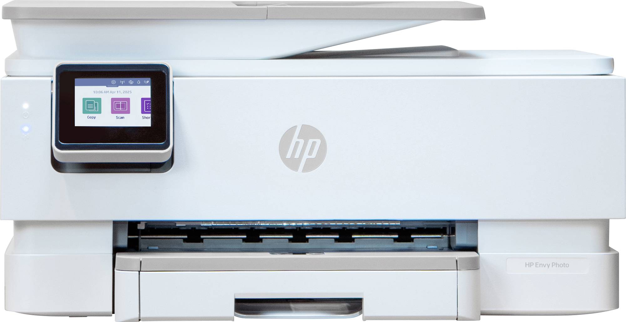 Bílá tiskárna HP s displejem zobrazujícím ikony pro kopírování, skenování a tisk.