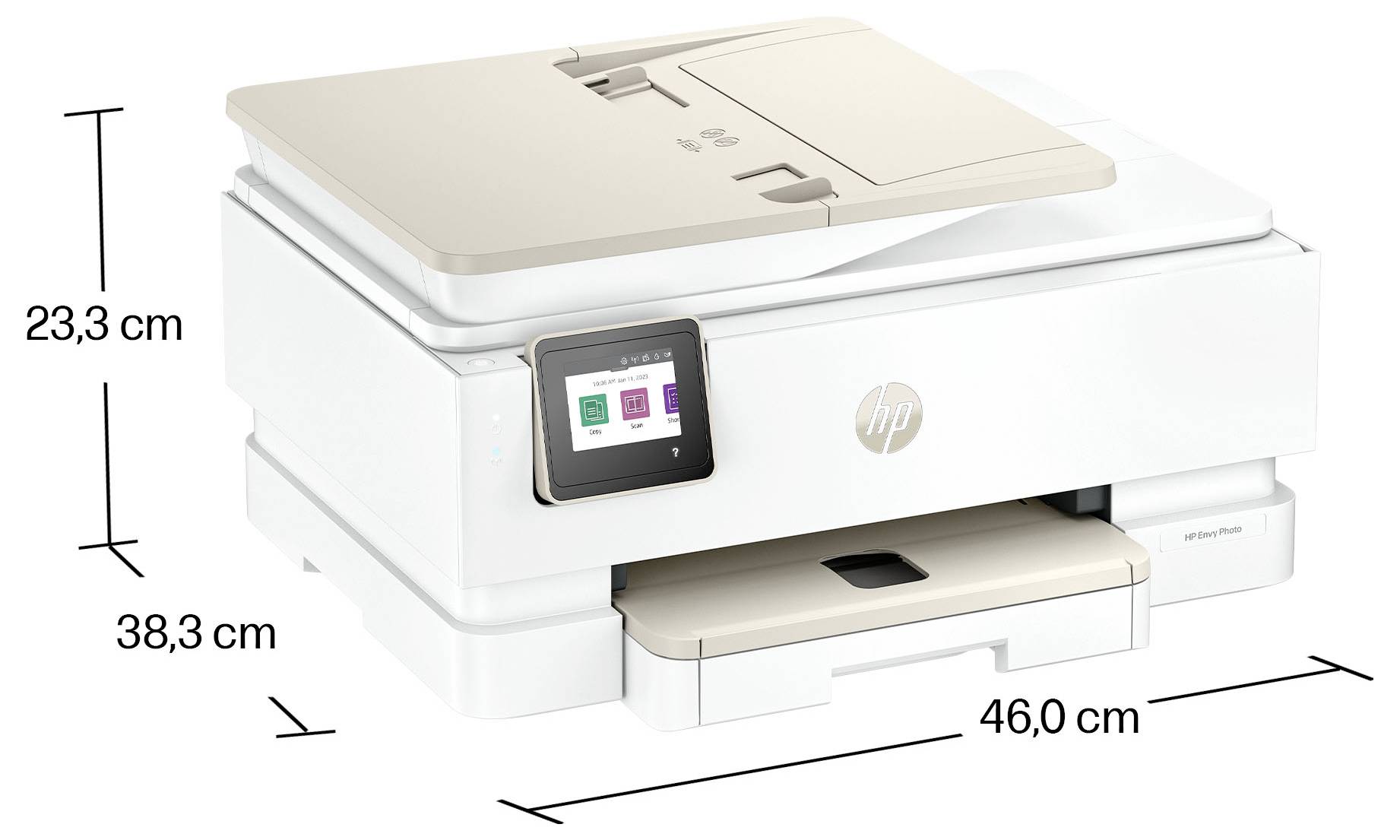 Bílá multifunkční tiskárna HP zobrazená v perspektivě s označenými rozměry 46,0 cm na šířku, 38,3 cm na hloubku a 23,3 cm na výšku.