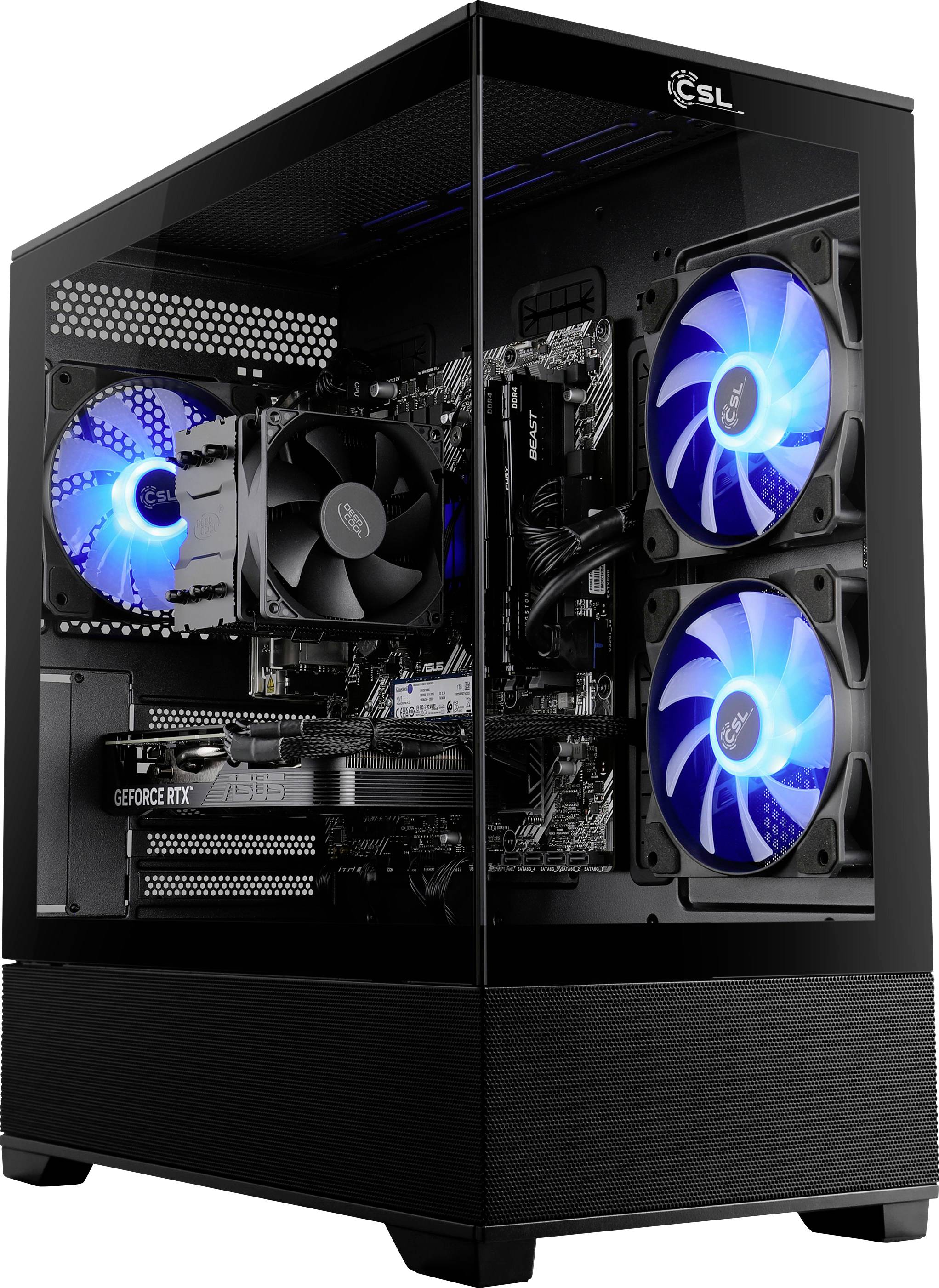 Počítačová věž s ventilátory osvícenými LED a viditelnou grafickou kartou je zobrazena, což zvýrazňuje její moderní design a chladicí komponenty.