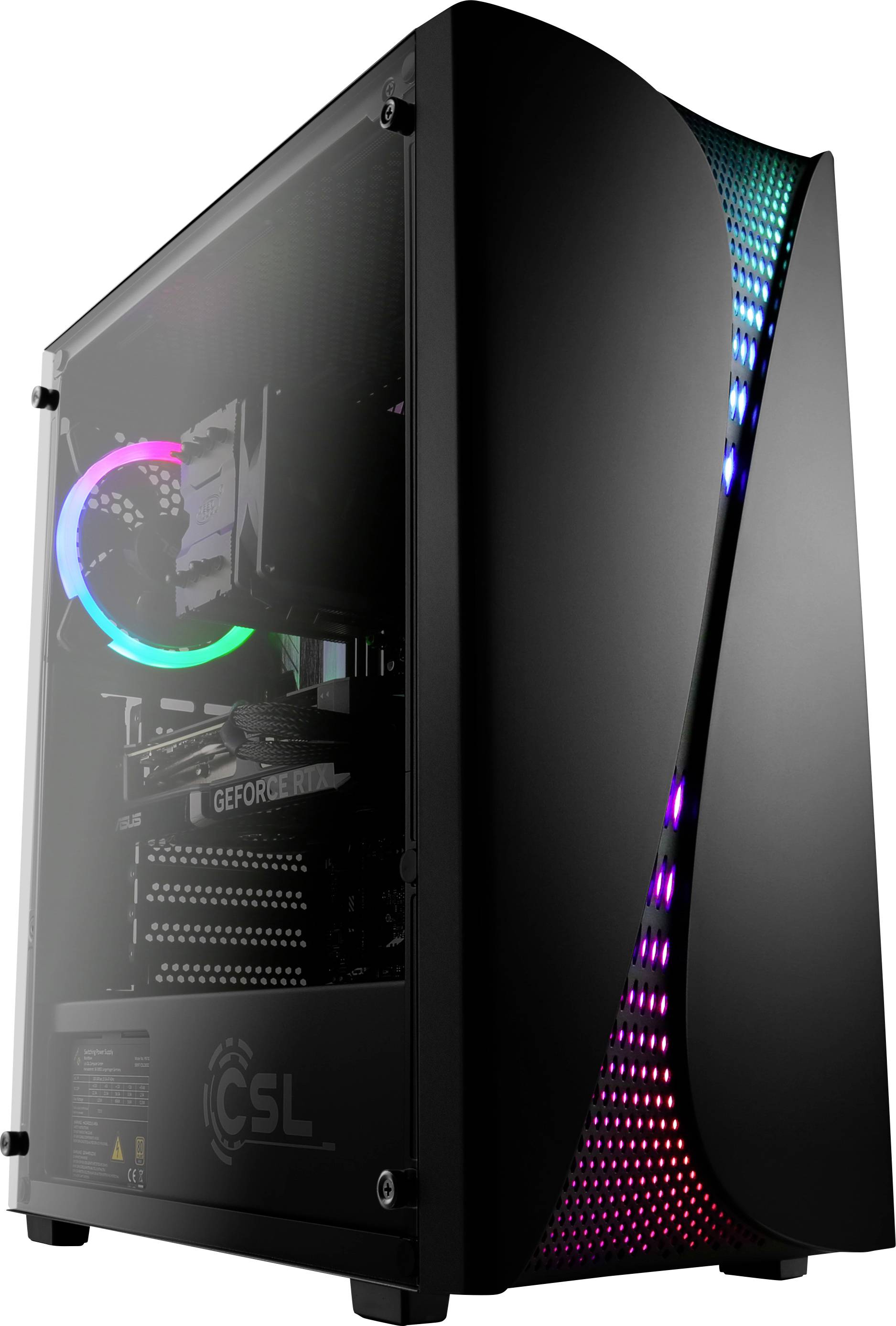 Štíhlá černá herní počítačová skříň s průhledným bočním panelem odhalujícím vnitřní RGB podsvícení a viditelnou grafickou kartou.