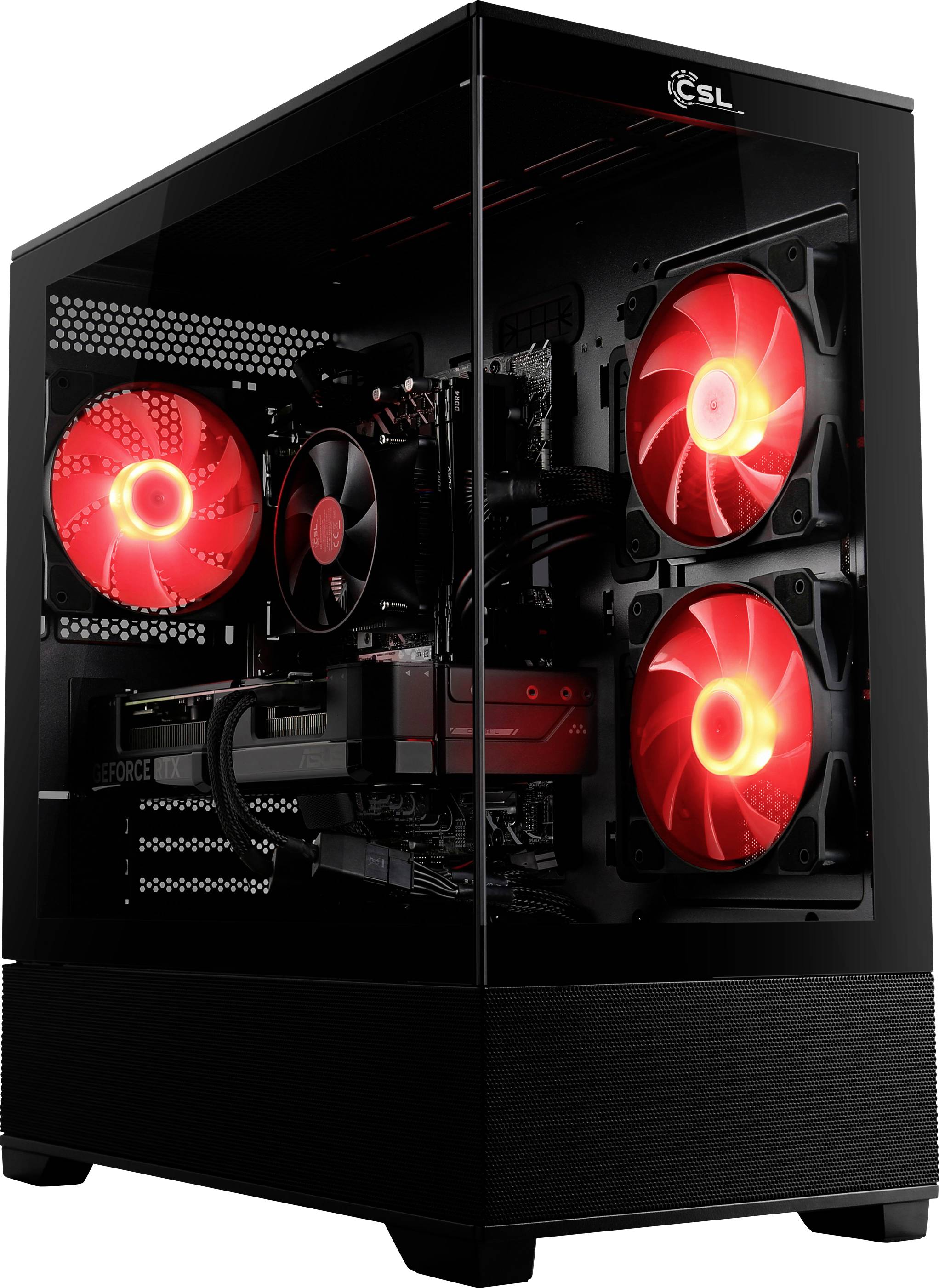 Černá herní PC skříň s průhledným bočním panelem ukazující vnitřní komponenty, včetně červeně podsvícených chladicích ventilátorů a grafické karty.