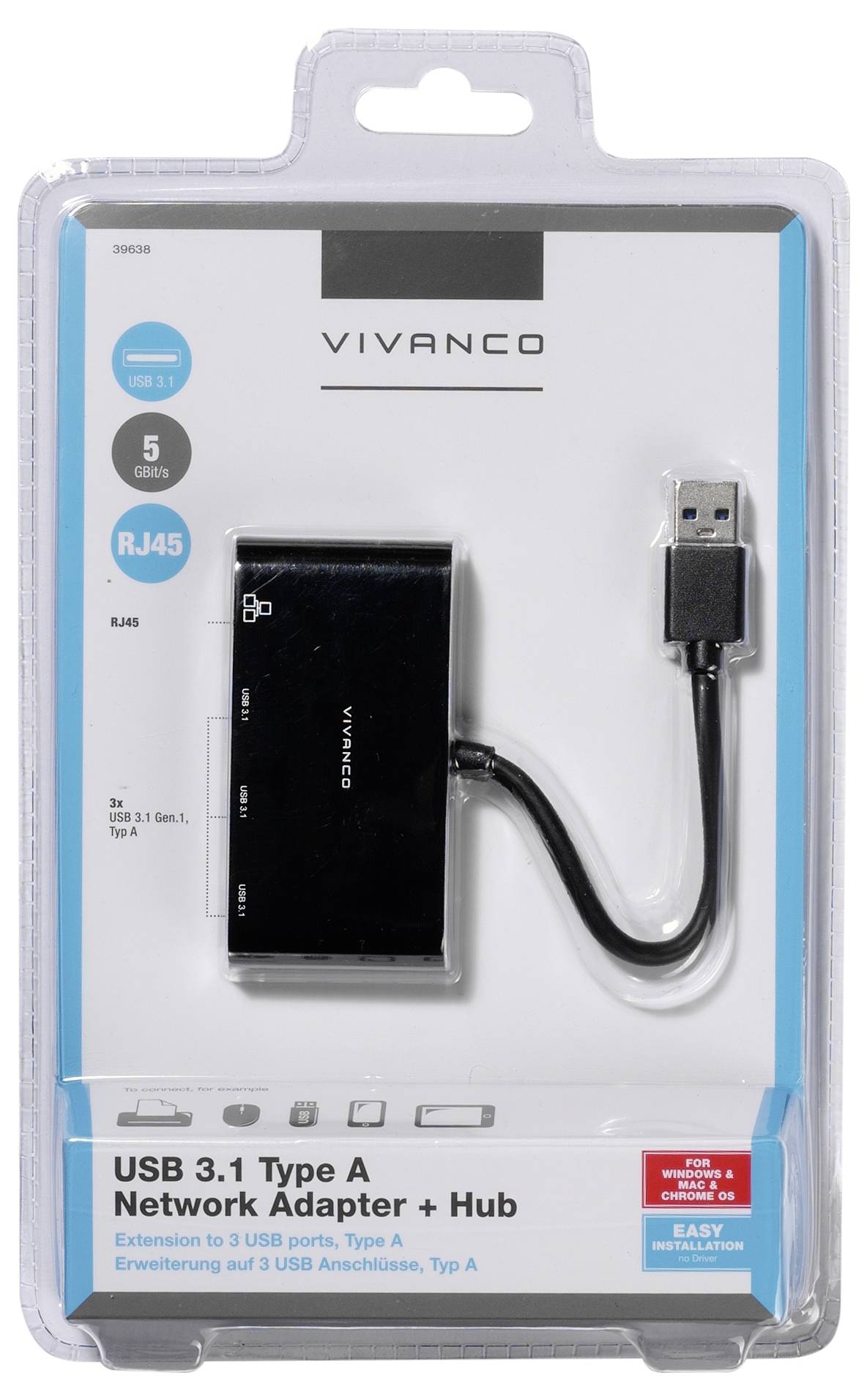 Obal 'Vivanco USB 3.1 Type A Network Adapter + Hub' zobrazuje černý adaptér se třemi porty a USB kabelem, který poskytuje připojení RJ45.