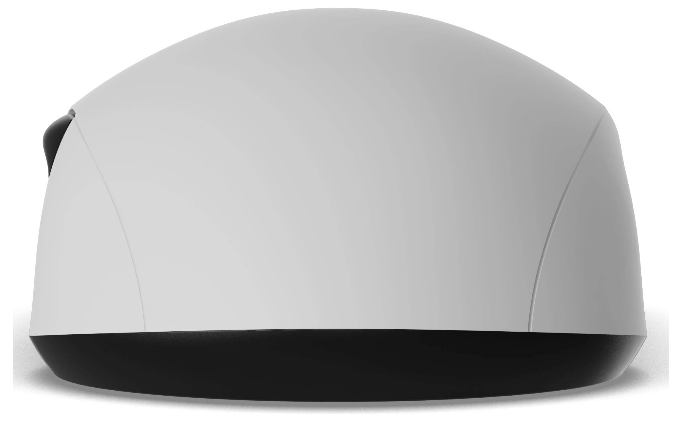 Bílá počítačová myš se štíhlým, ergonomickým designem pohledaná zepředu.