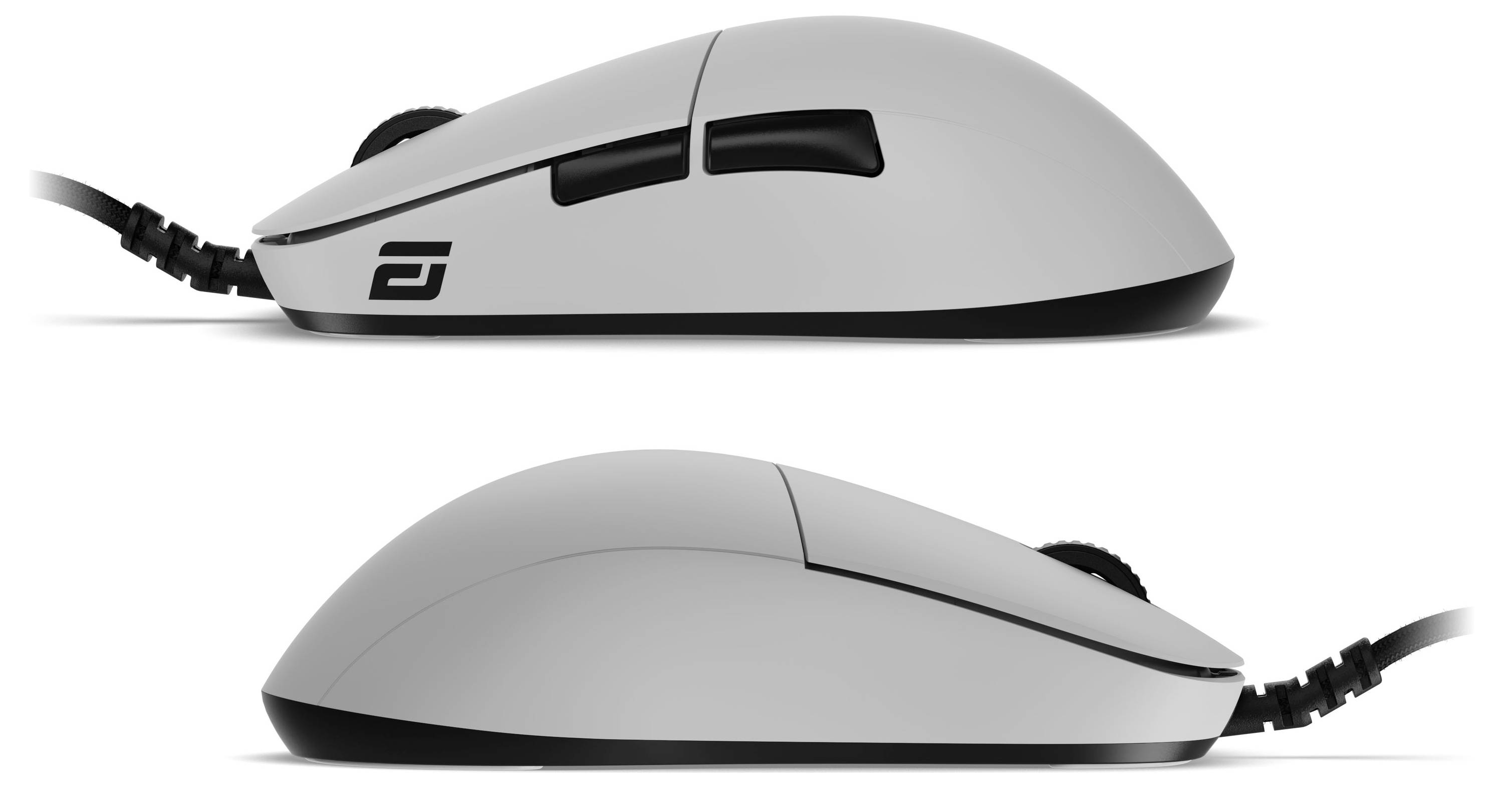 Dva boční pohledy na počítačovou myš, které vykazují tlačítka a ergonomický tvar. Horní obrázek zvýrazňuje detaily tlačítek, dolní zdůrazňuje elegantní design.