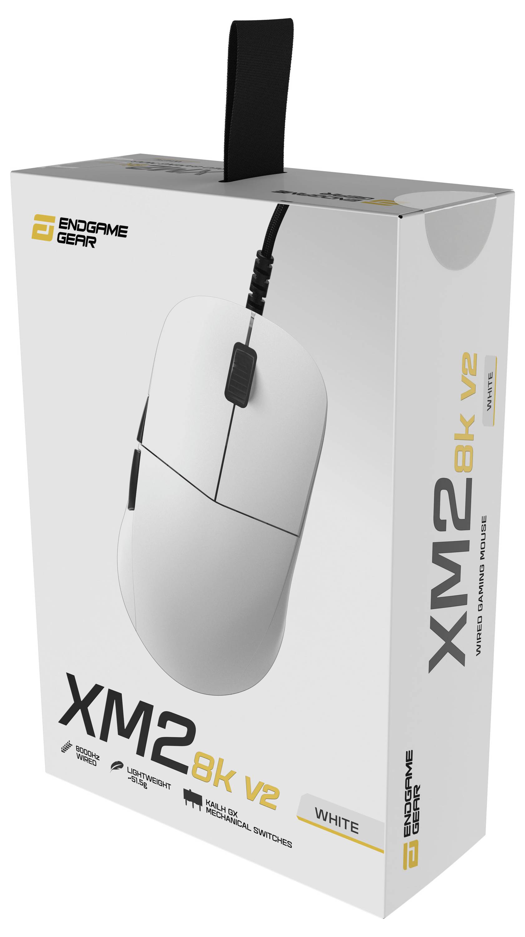 Bílá herní myš Endgame Gear XM2 8k V2 v balení, vyznačující se minimalistickým designem s drátovým připojením a ergonomickým tvarem.